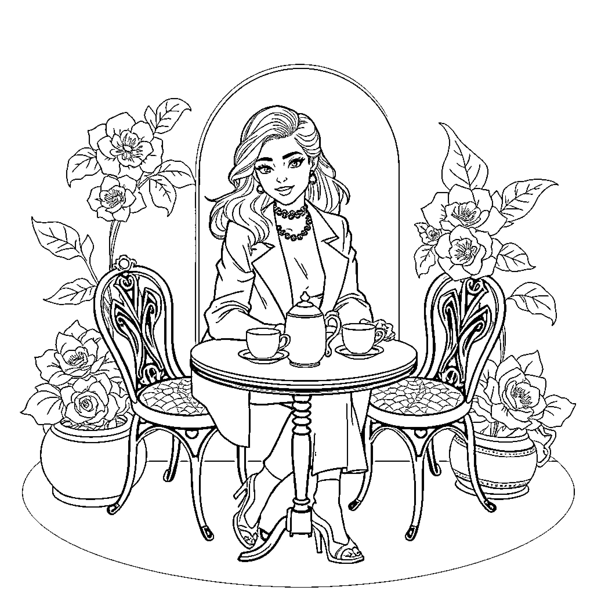 Zéna Enjoying a Cozy Afternoon Tea Coloring Page (free black-and-white line drawing printable PDF for all, from beginners to advanced learners, including children, teens, adults, and seniors)