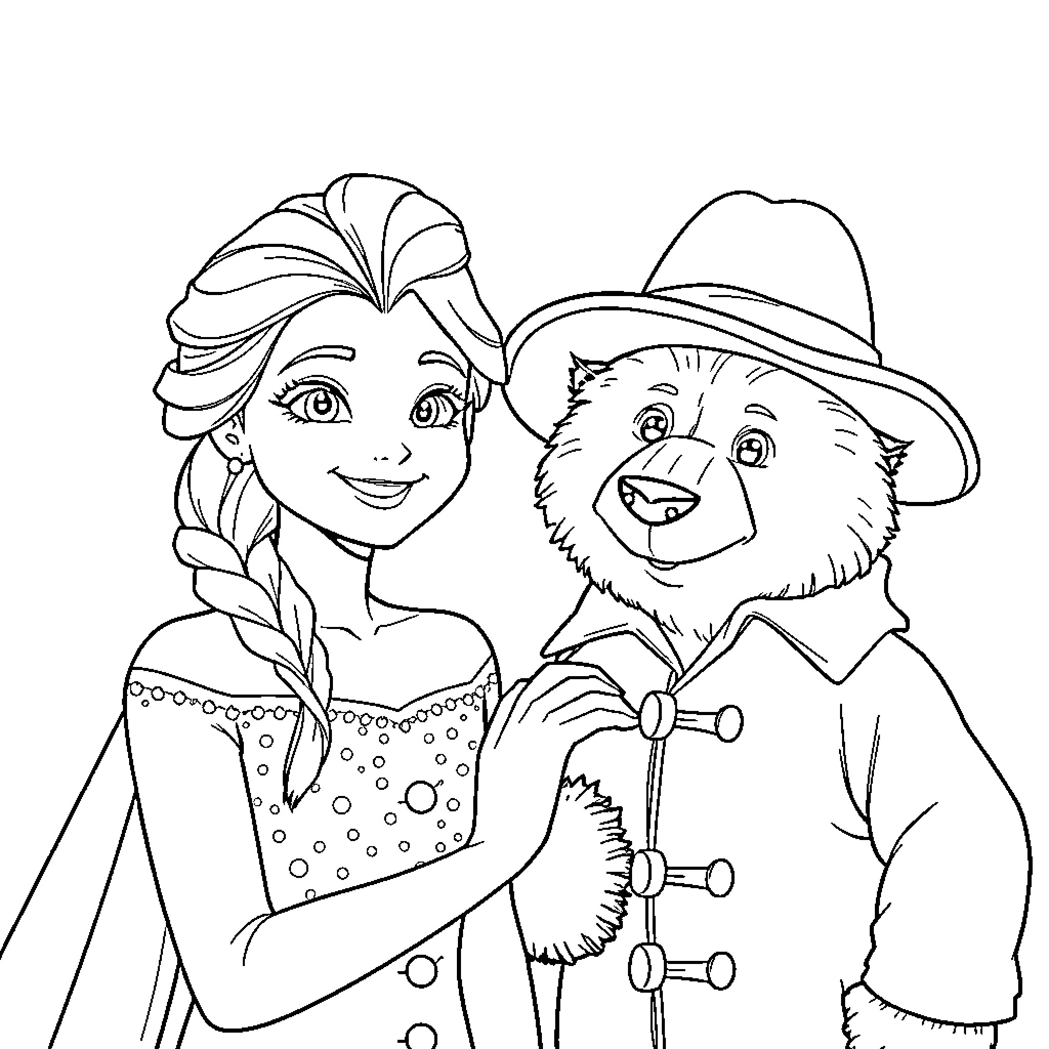 Elsa and Paddington Bear in an Adventure Coloring Page (free black-and-white line drawing printable PDF for all, from beginners to advanced learners, including children, teens, adults, and seniors)