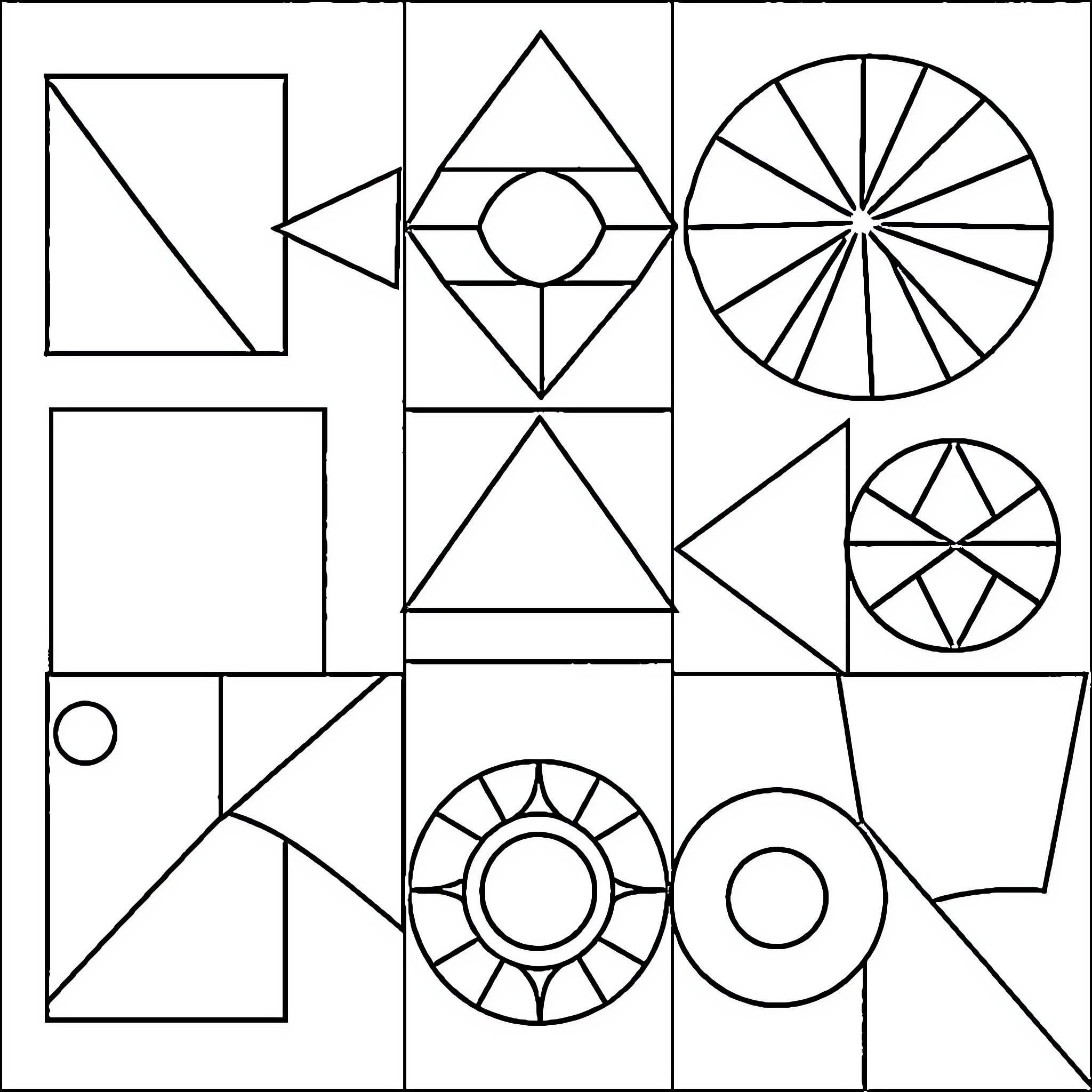 Geometric Figure Arrangement of Shapes Coloring Page (free black-and-white line drawing printable PDF for all, from beginners to advanced learners, including children, teens, adults, and seniors)