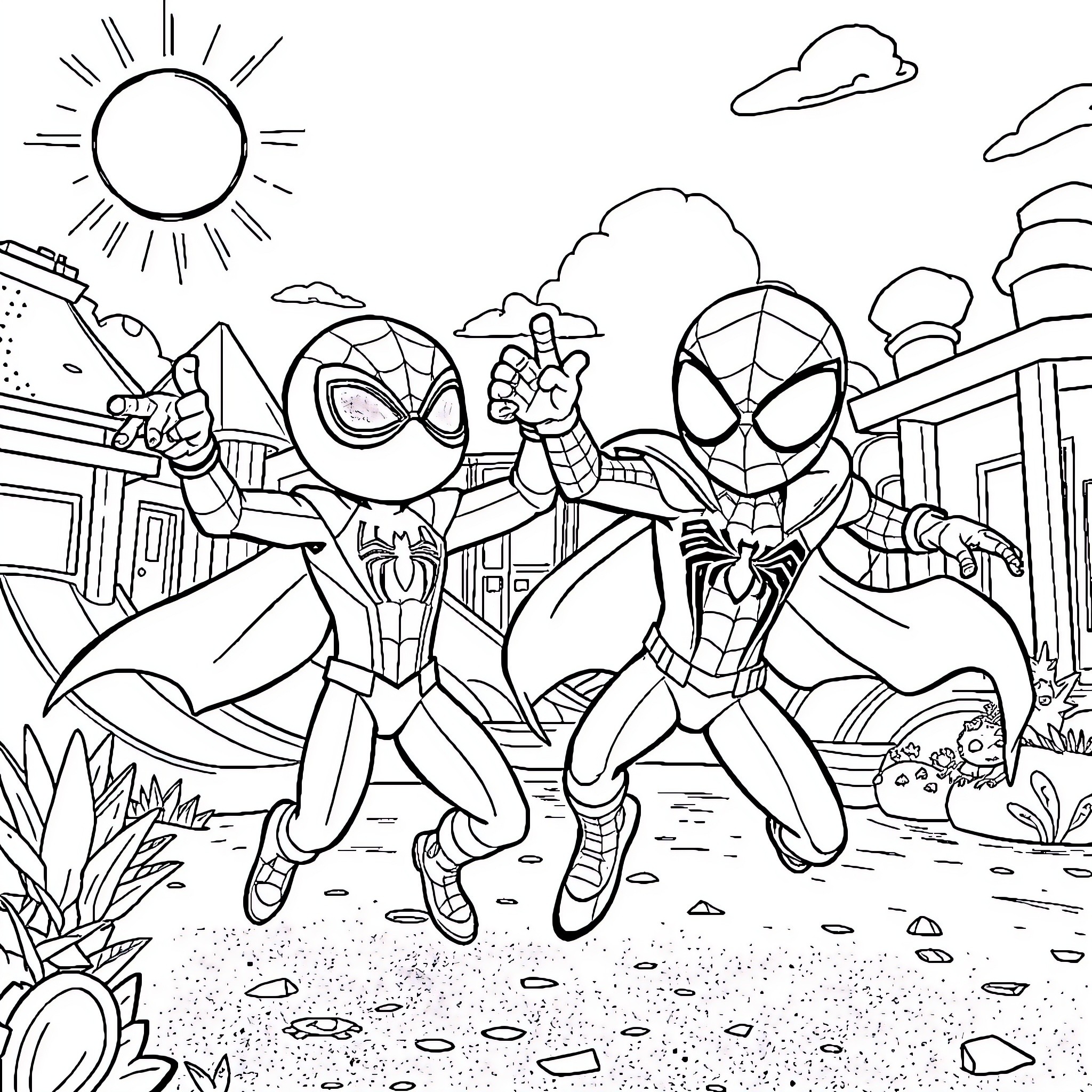 Patrouille of Spider-Man and Spider-Gwen in the city Coloring Page (free black-and-white line drawing printable PDF for all, from beginners to advanced learners, including children, teens, adults, and seniors)