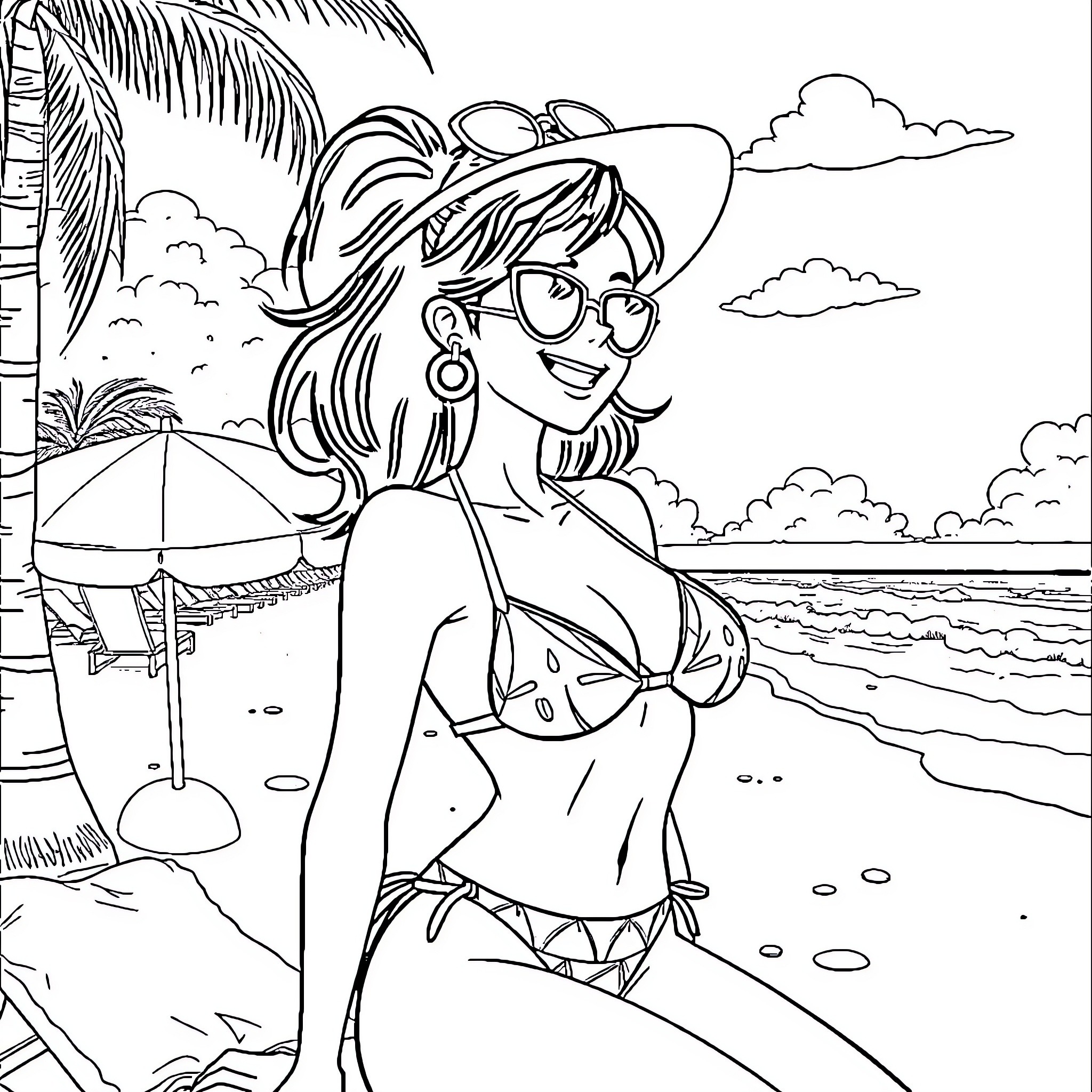 Zero Two enjoying the beach scenery Coloring Page (free black-and-white line drawing printable PDF for all, from beginners to advanced learners, including children, teens, adults, and seniors)