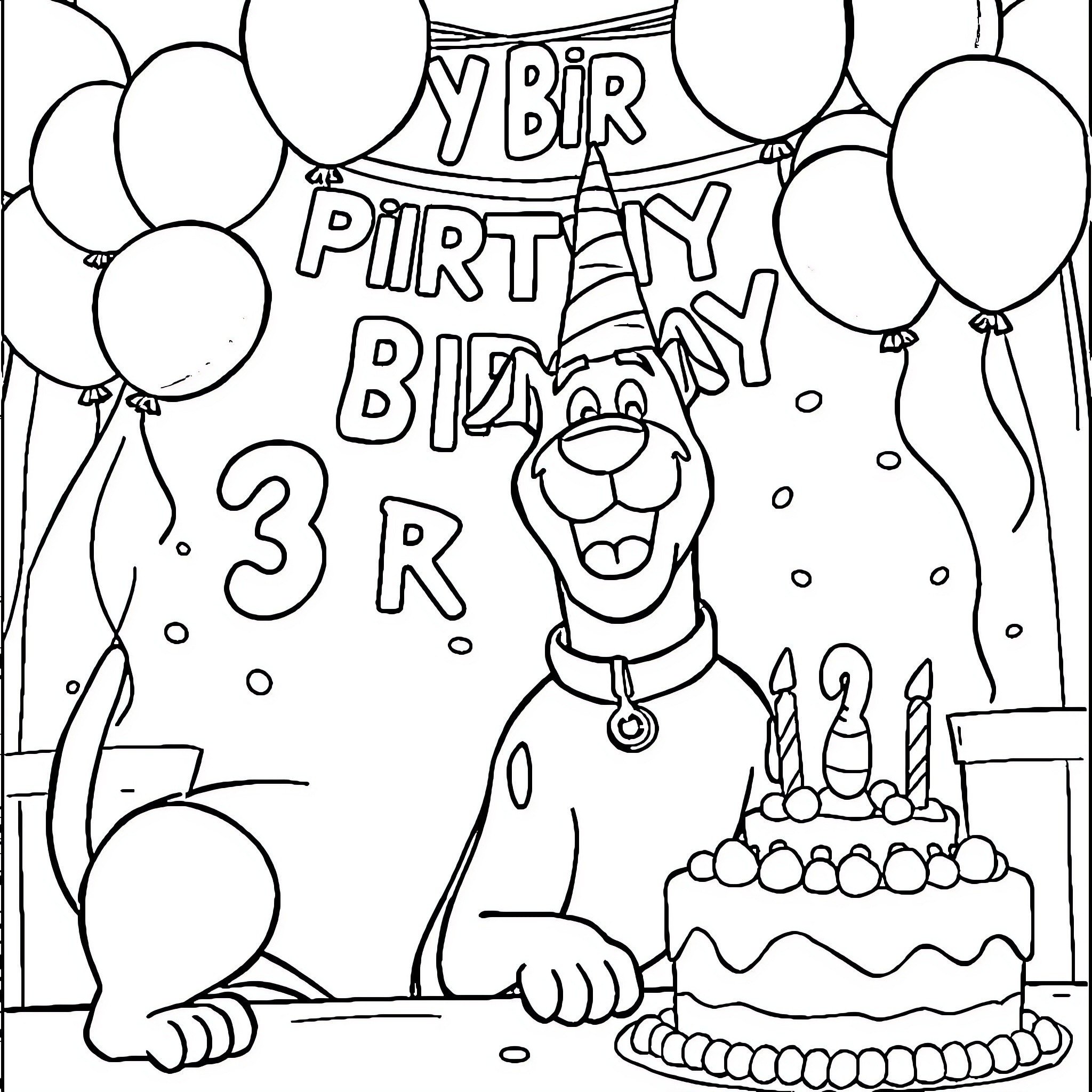 Scooby Doo's Playful Birthday Celebration Coloring Page (free black-and-white line drawing printable PDF for all, from beginners to advanced learners, including children, teens, adults, and seniors)