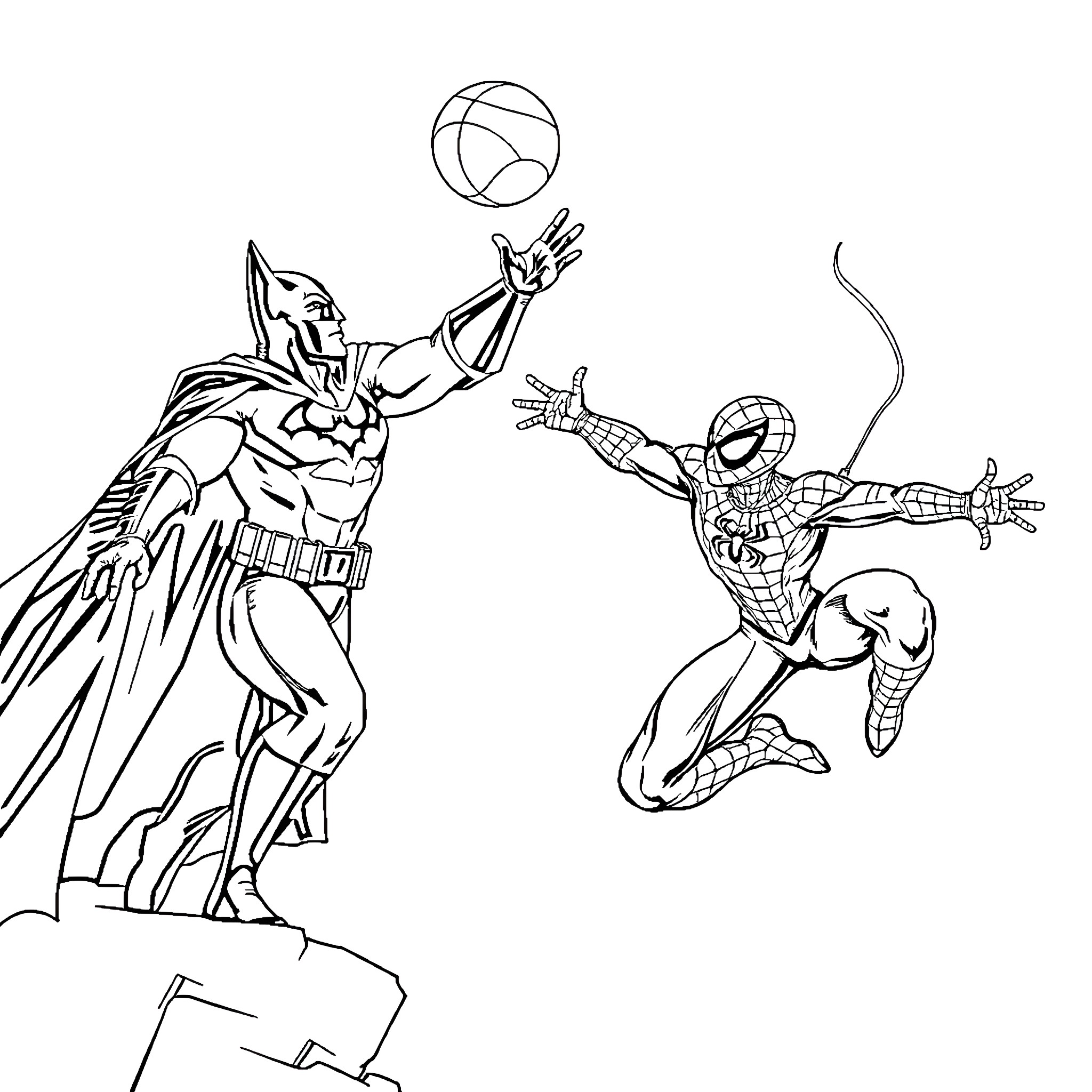 Batman and Spider-Man in heroic action poses Coloring Page (free black-and-white line drawing printable PDF for all, from beginners to advanced learners, including children, teens, adults, and seniors)
