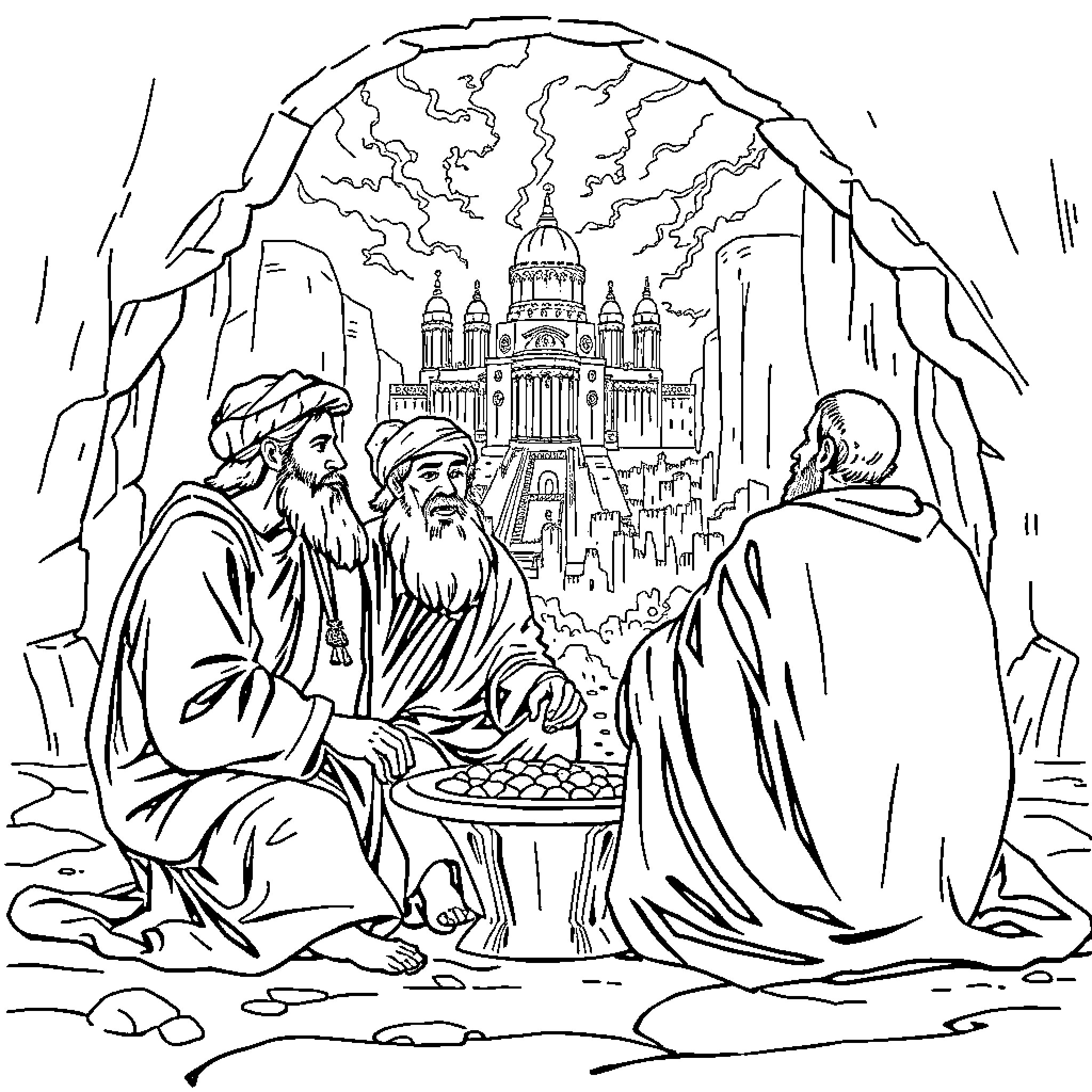 Daniel and His Friends in the Cave Coloring Page (free black-and-white line drawing printable PDF for all, from beginners to advanced learners, including children, teens, adults, and seniors)