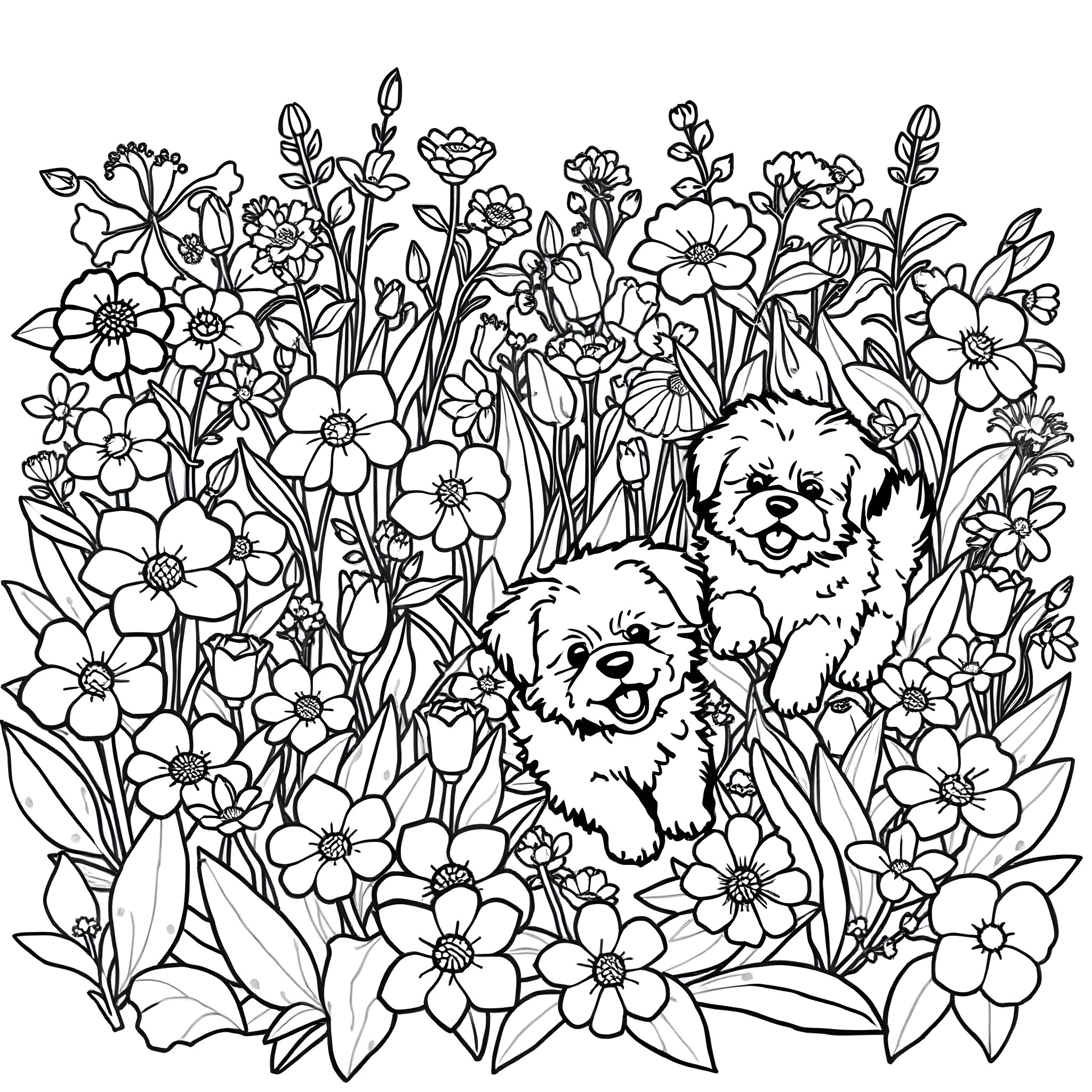 Flower Garden with Playful Puppies Coloring Page (free black-and-white line drawing printable PDF for all, from beginners to advanced learners, including children, teens, adults, and seniors)