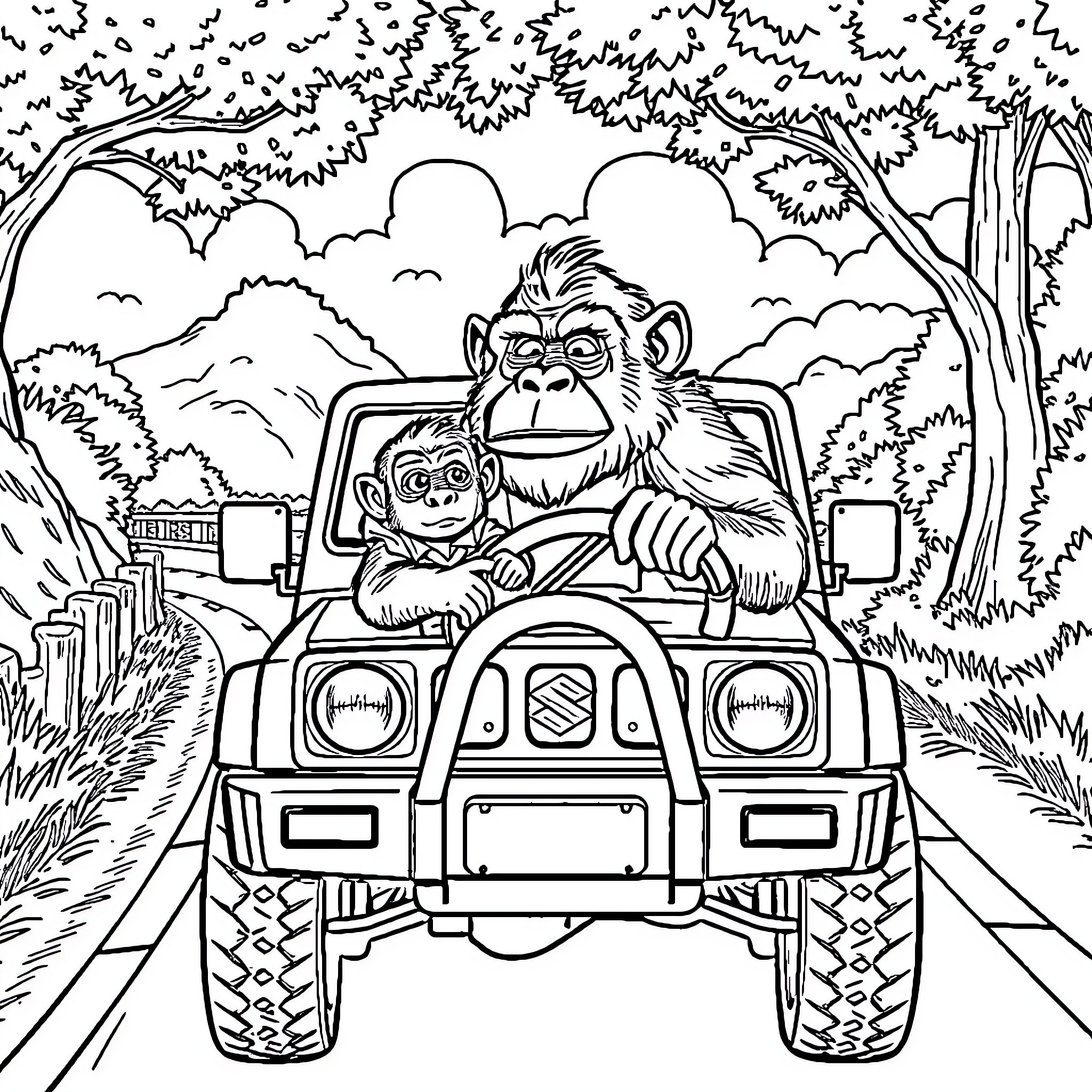 Ape driving off-road vehicle through forest Coloring Page (free black-and-white line drawing printable PDF for all, from beginners to advanced learners, including children, teens, adults, and seniors)