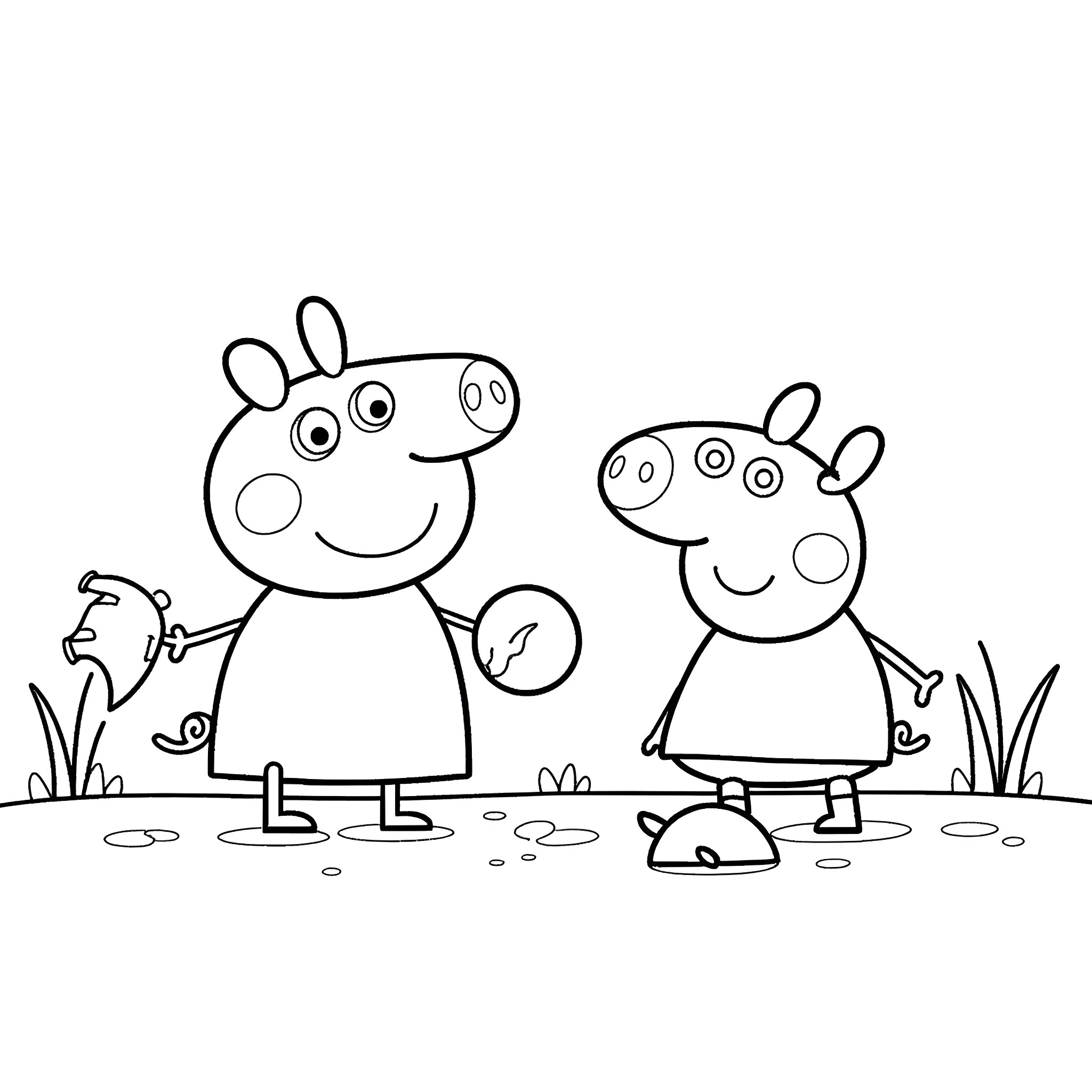 Peppa Pig and George playing in the meadow Coloring Page (free black-and-white line drawing printable PDF for all, from beginners to advanced learners, including children, teens, adults, and seniors)