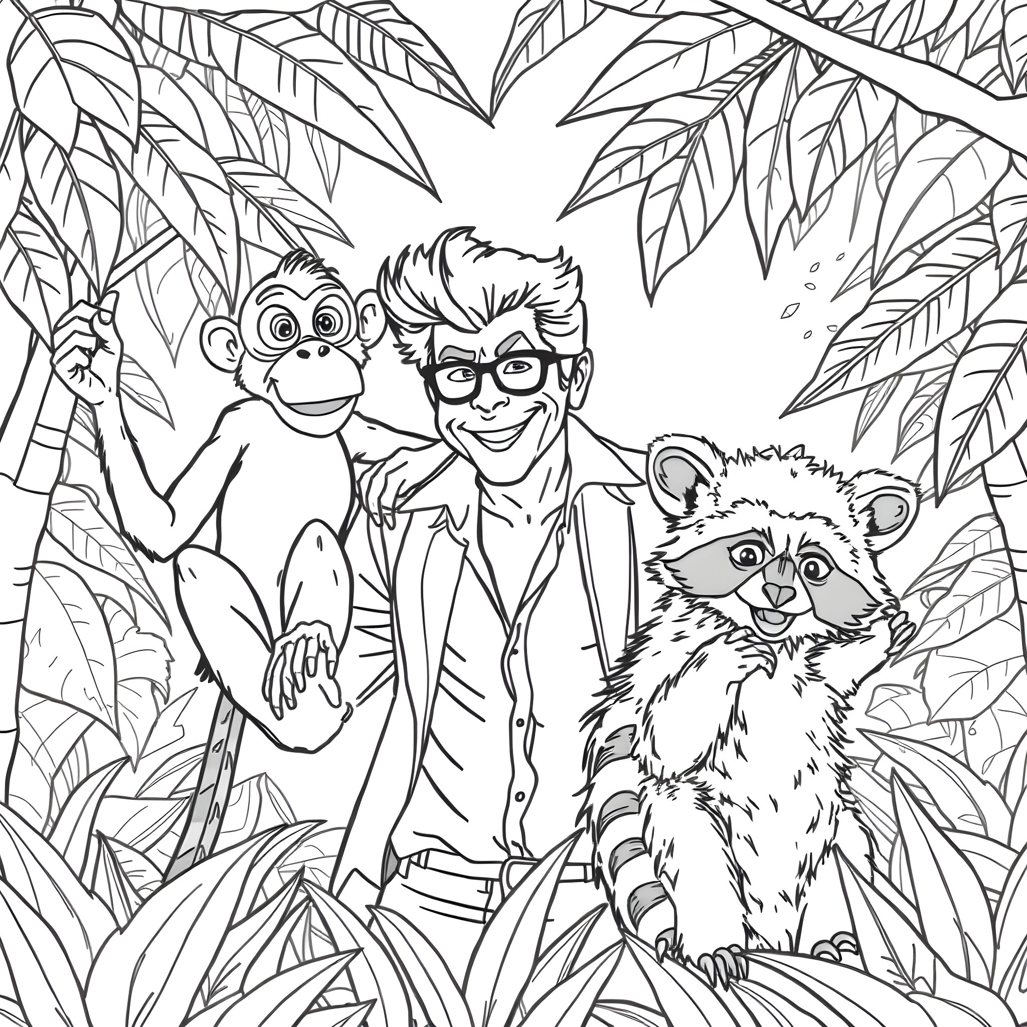 Ace Ventura's wild animal adventures in the jungle Coloring Page (free black-and-white line drawing printable PDF for all, from beginners to advanced learners, including children, teens, adults, and seniors)