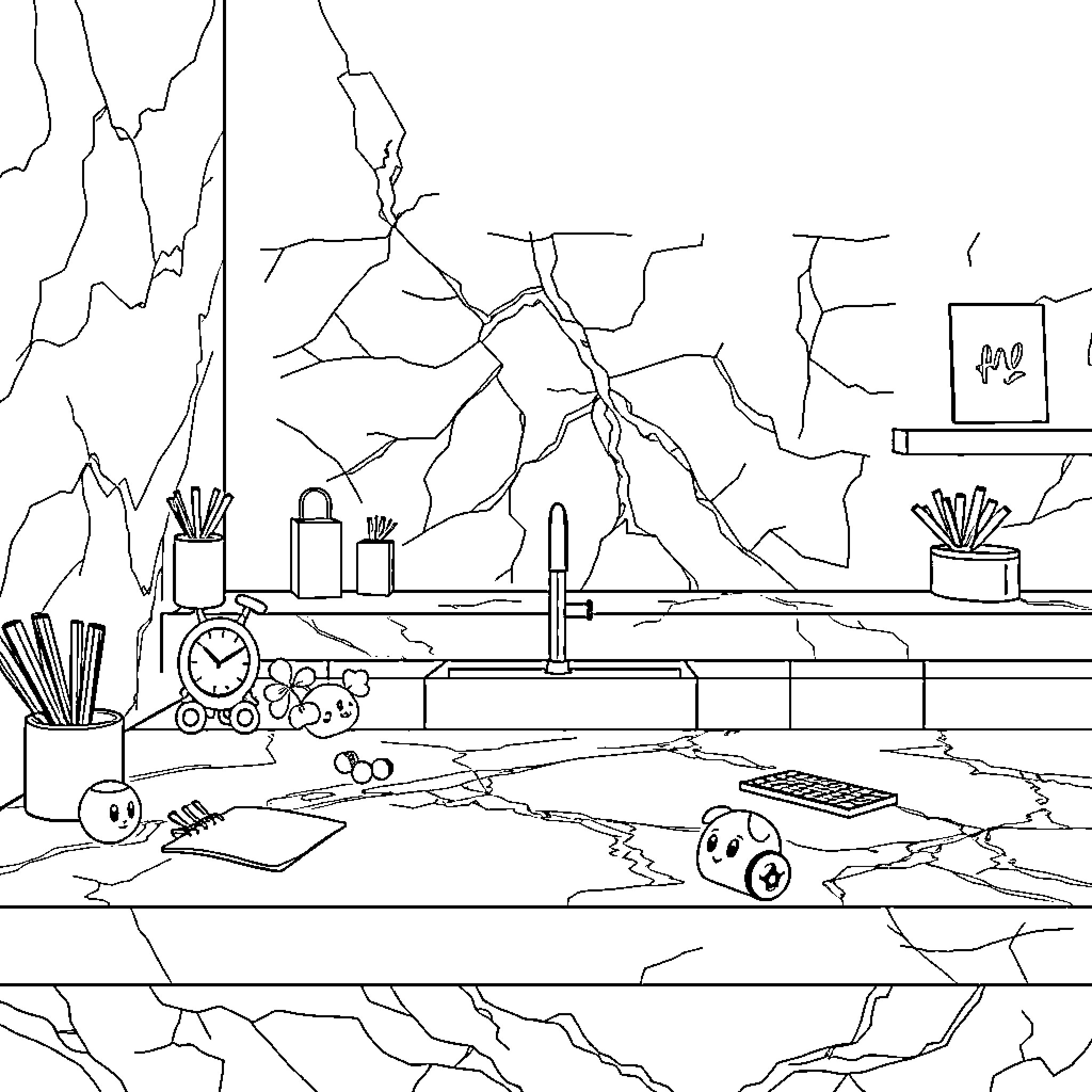 Marble Desk with Scattered Office Supplies Coloring Page (free black-and-white line drawing printable PDF for all, from beginners to advanced learners, including children, teens, adults, and seniors)