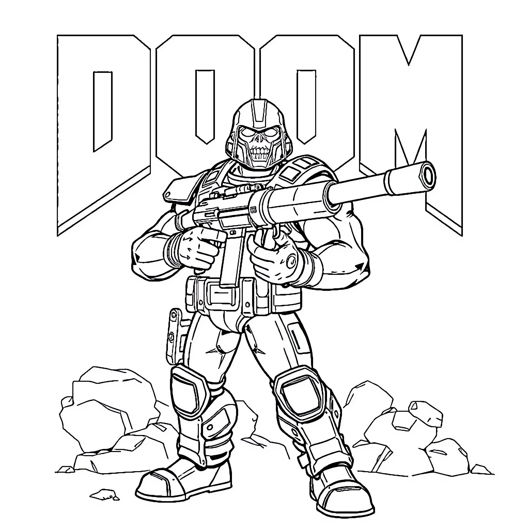 Doom Guy Wielding Powerful Weapon in Apocalyptic Scene Coloring Page (free black-and-white line drawing printable PDF for all, from beginners to advanced learners, including children, teens, adults, and seniors)