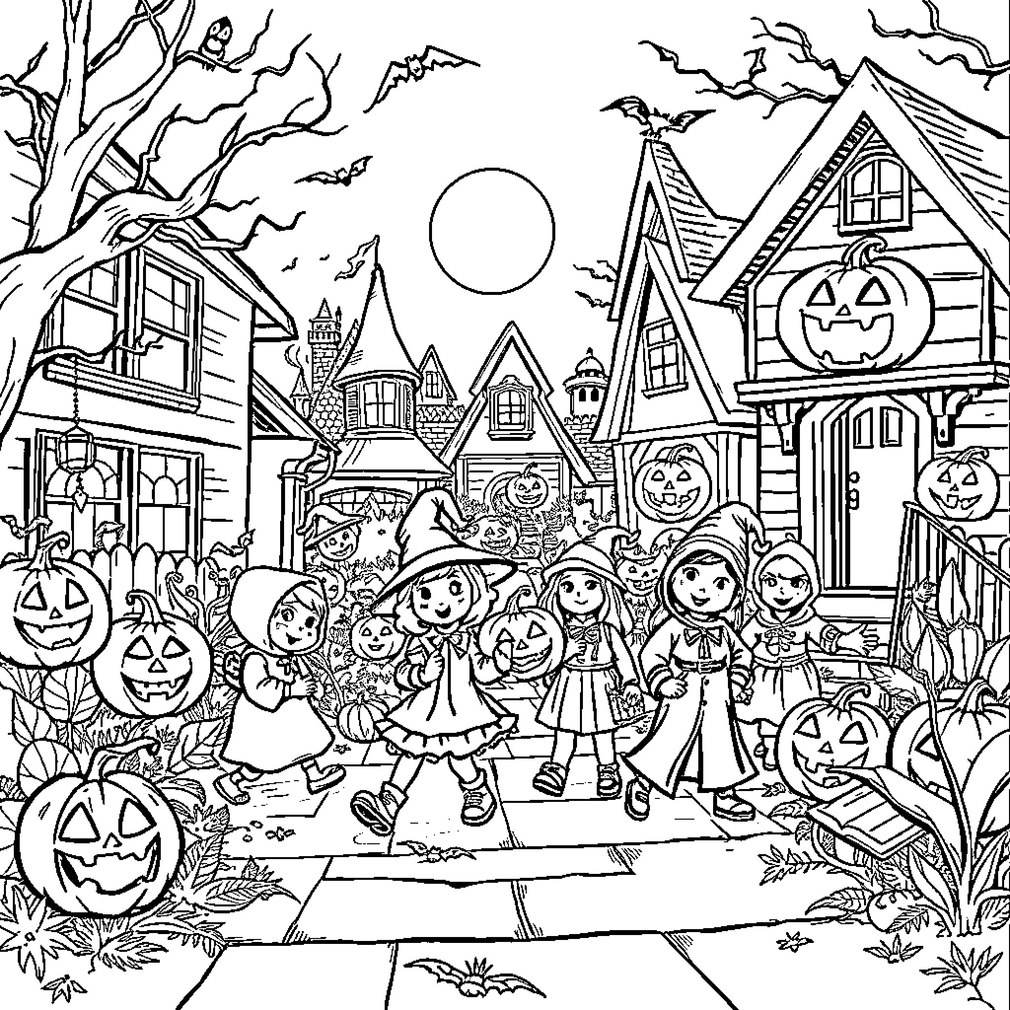 Halloween fun in the neighborhood Coloring Page (free black-and-white line drawing printable PDF for all, from beginners to advanced learners, including children, teens, adults, and seniors)