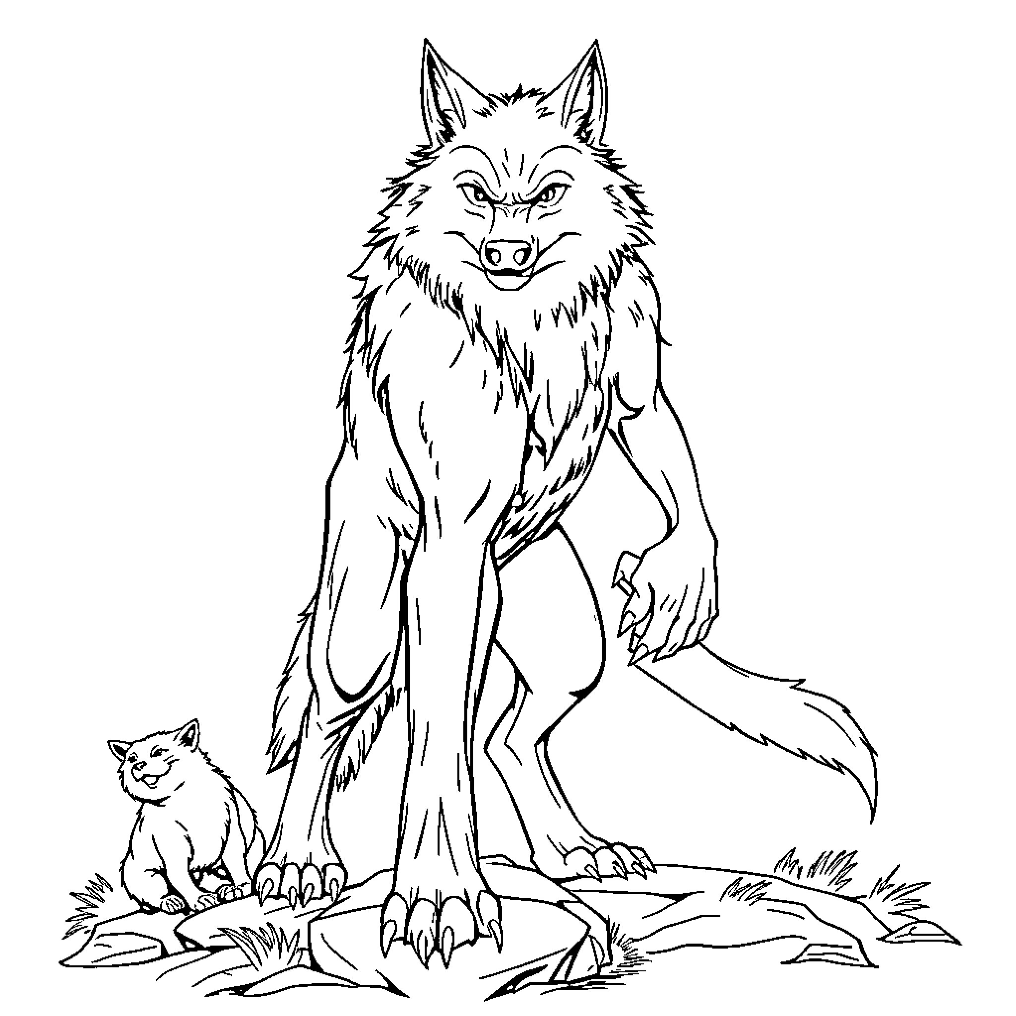 Werewolf and its companion in the wild Coloring Page (free black-and-white line drawing printable PDF for all, from beginners to advanced learners, including children, teens, adults, and seniors)
