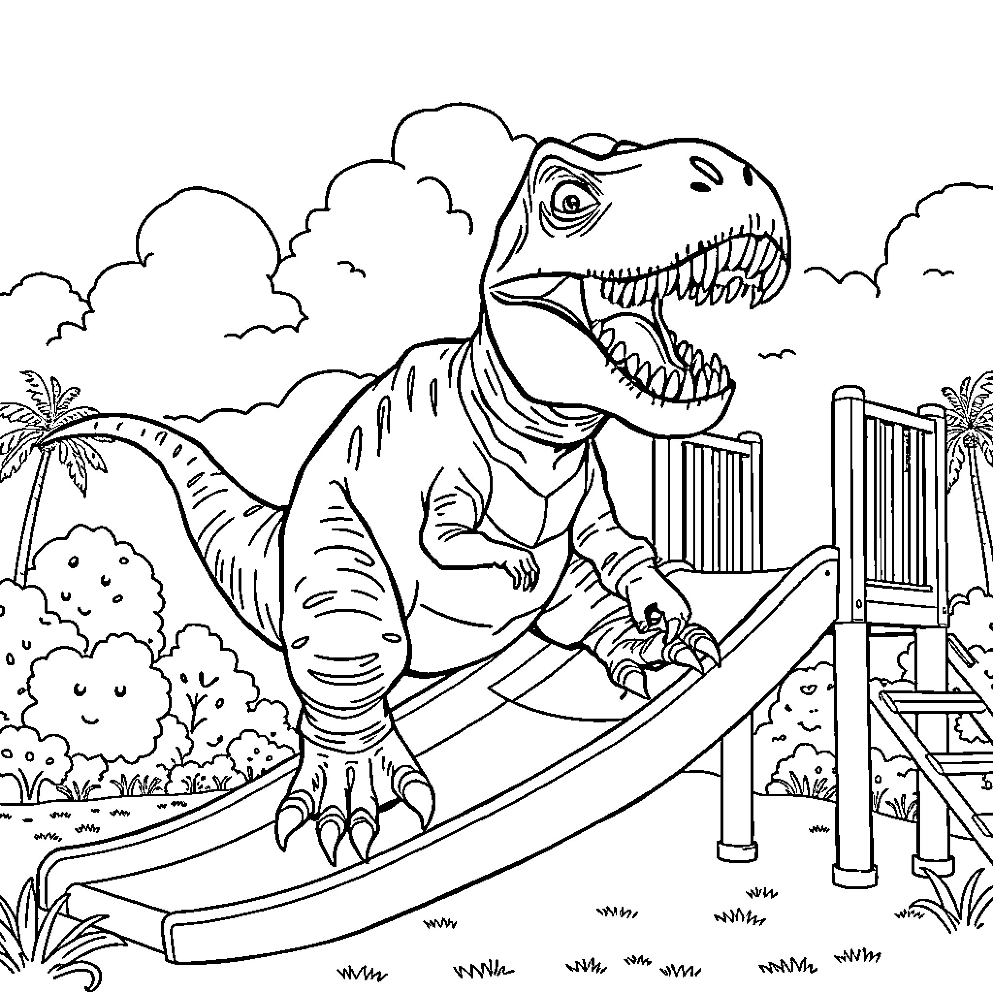 T-Rex enjoys the playground equipment Coloring Page (free black-and-white line drawing printable PDF for all, from beginners to advanced learners, including children, teens, adults, and seniors)