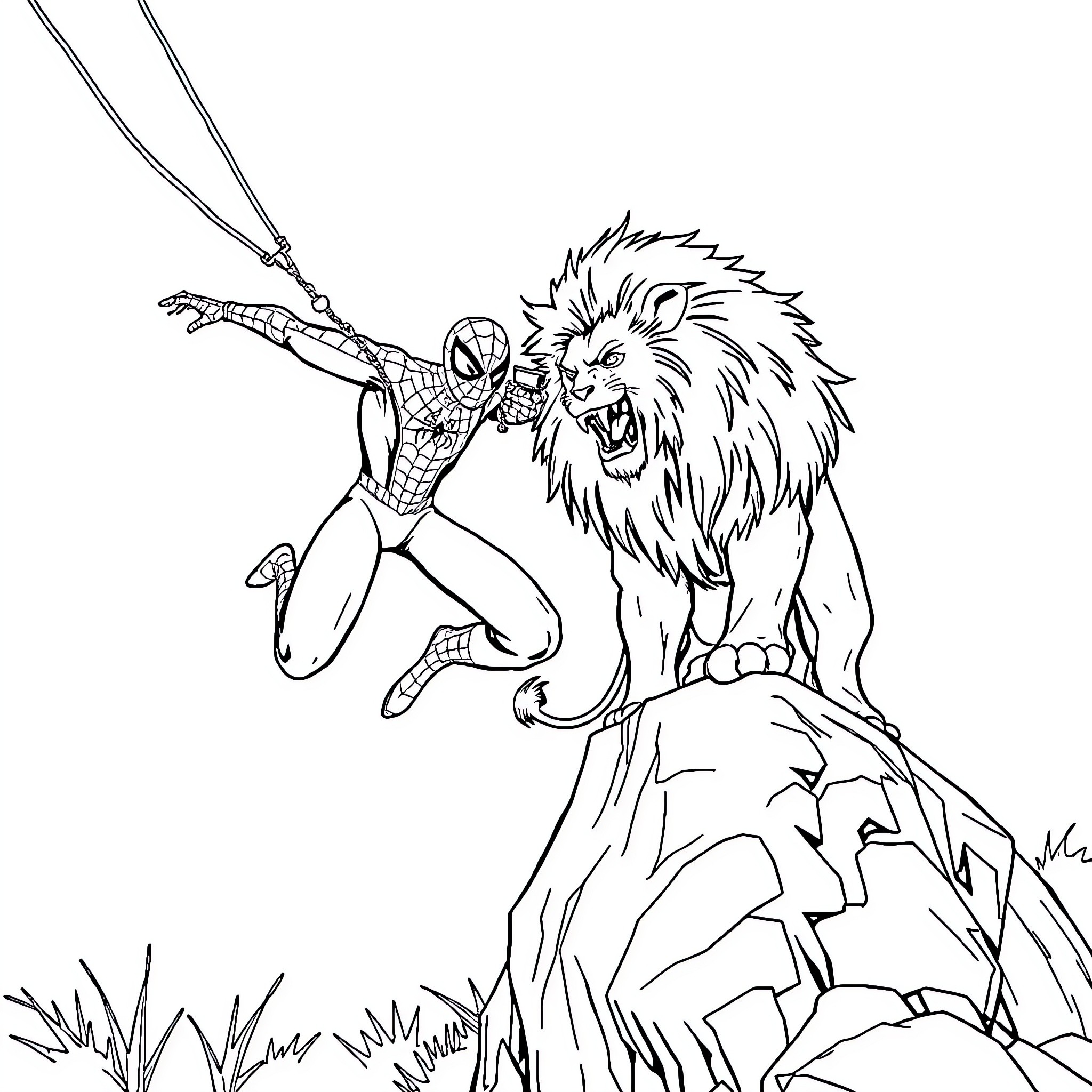 Spiderman battles a fierce lion in the wilderness Coloring Page (free black-and-white line drawing printable PDF for all, from beginners to advanced learners, including children, teens, adults, and seniors)