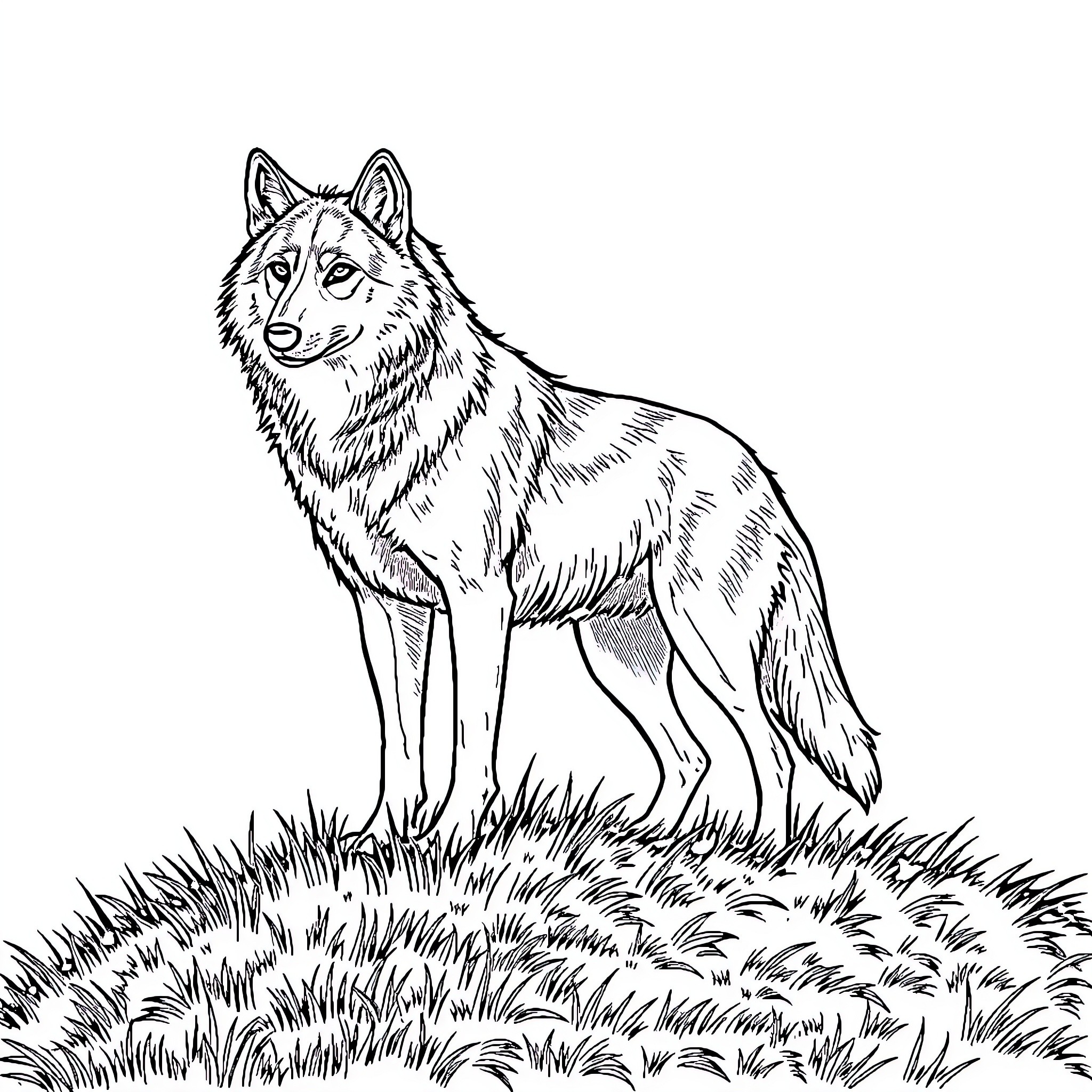 Wolf standing proudly on a grassy hill Coloring Page (free black-and-white line drawing printable PDF for all, from beginners to advanced learners, including children, teens, adults, and seniors)