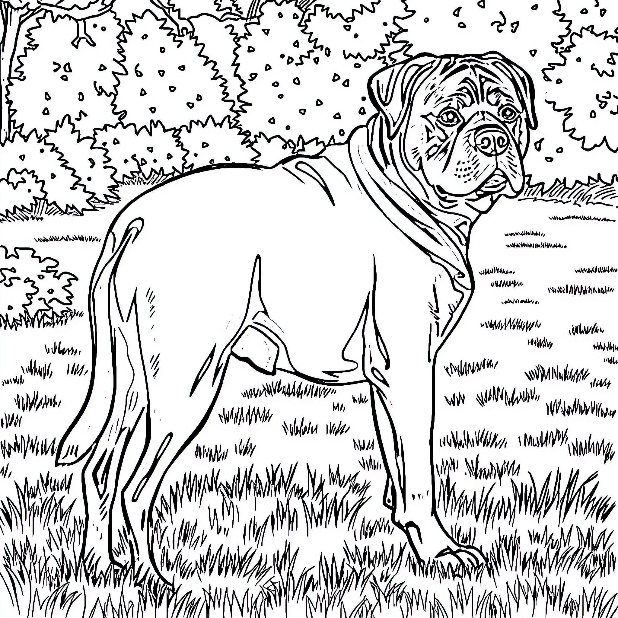 Rottweiler standing alert in the forest Coloring Page (free black-and-white line drawing printable PDF for all, from beginners to advanced learners, including children, teens, adults, and seniors)