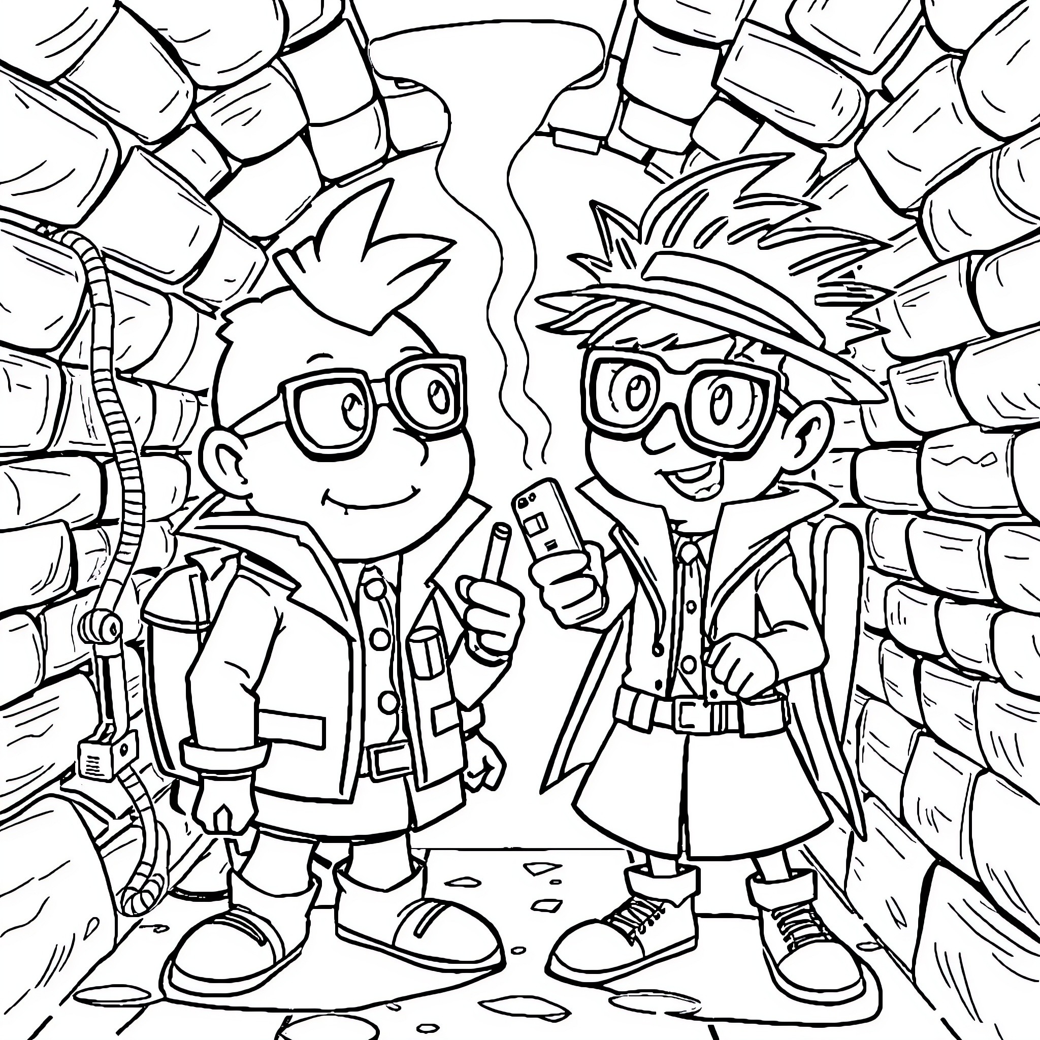 InvestiGators exploring the mysterious underground Coloring Page (free black-and-white line drawing printable PDF for all, from beginners to advanced learners, including children, teens, adults, and seniors)