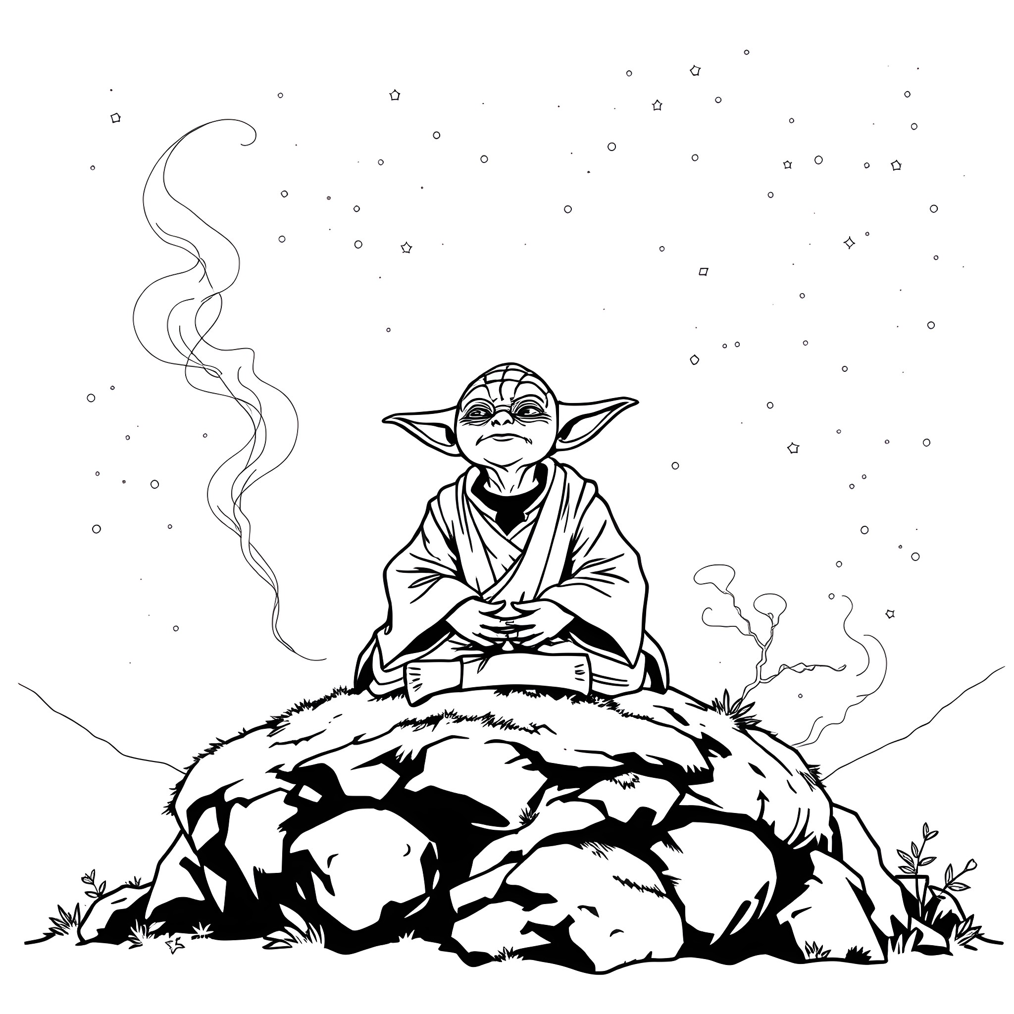 Yoda meditating under the starry night sky Coloring Page (free black-and-white line drawing printable PDF for all, from beginners to advanced learners, including children, teens, adults, and seniors)