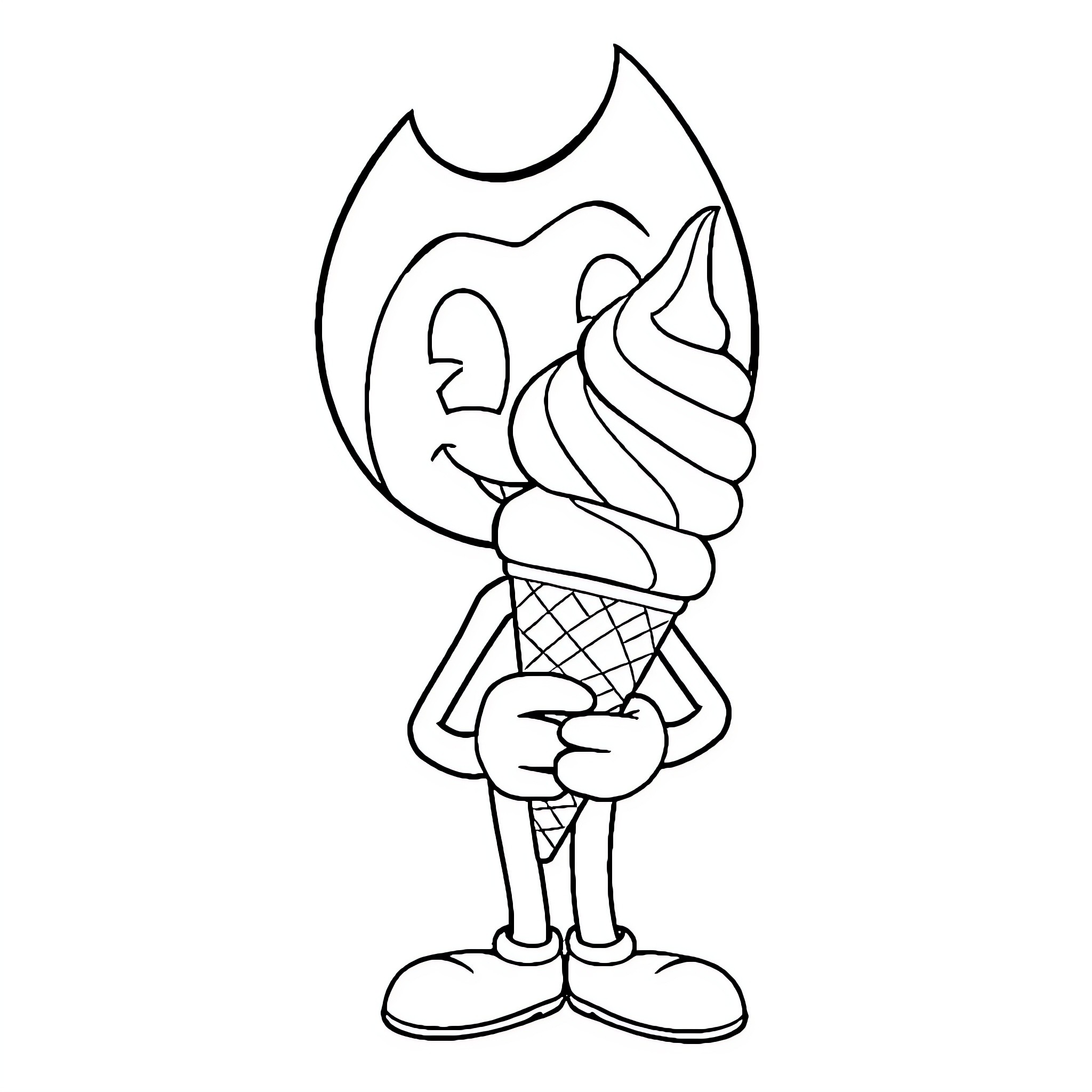 Bendy ice cream character in outline Coloring Page (free black-and-white line drawing printable PDF for all, from beginners to advanced learners, including children, teens, adults, and seniors)