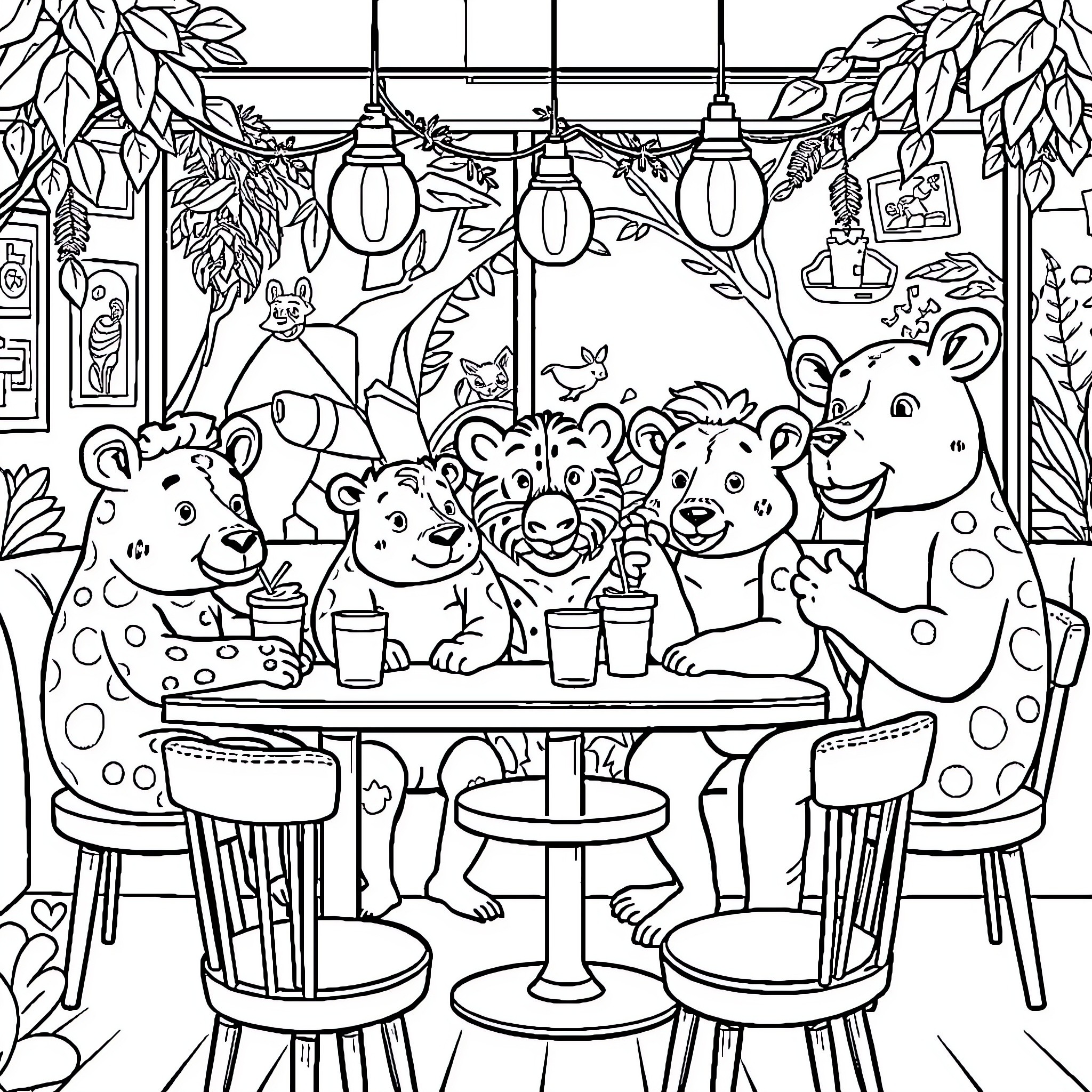 Zoo Animals Gathering for a Celebration in the Jungle Cafe Coloring Page (free black-and-white line drawing printable PDF for all, from beginners to advanced learners, including children, teens, adults, and seniors)