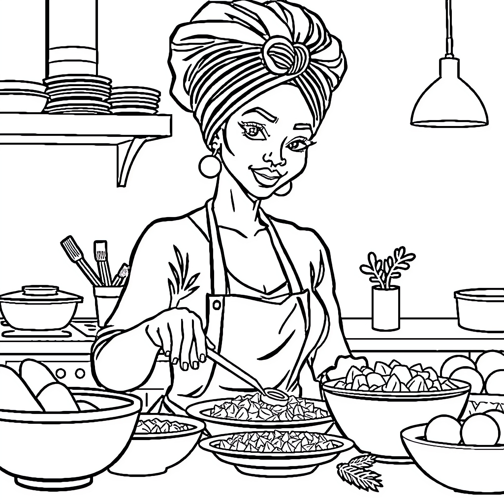 Woman preparing a meal in the kitchen Coloring Page (free black-and-white line drawing printable PDF for all, from beginners to advanced learners, including children, teens, adults, and seniors)