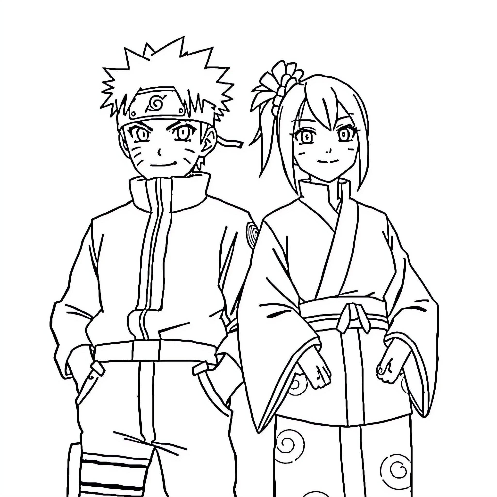 Naruto and Hinata in Anime Outfits Coloring Page (free black-and-white line drawing printable PDF for all, from beginners to advanced learners, including children, teens, adults, and seniors)