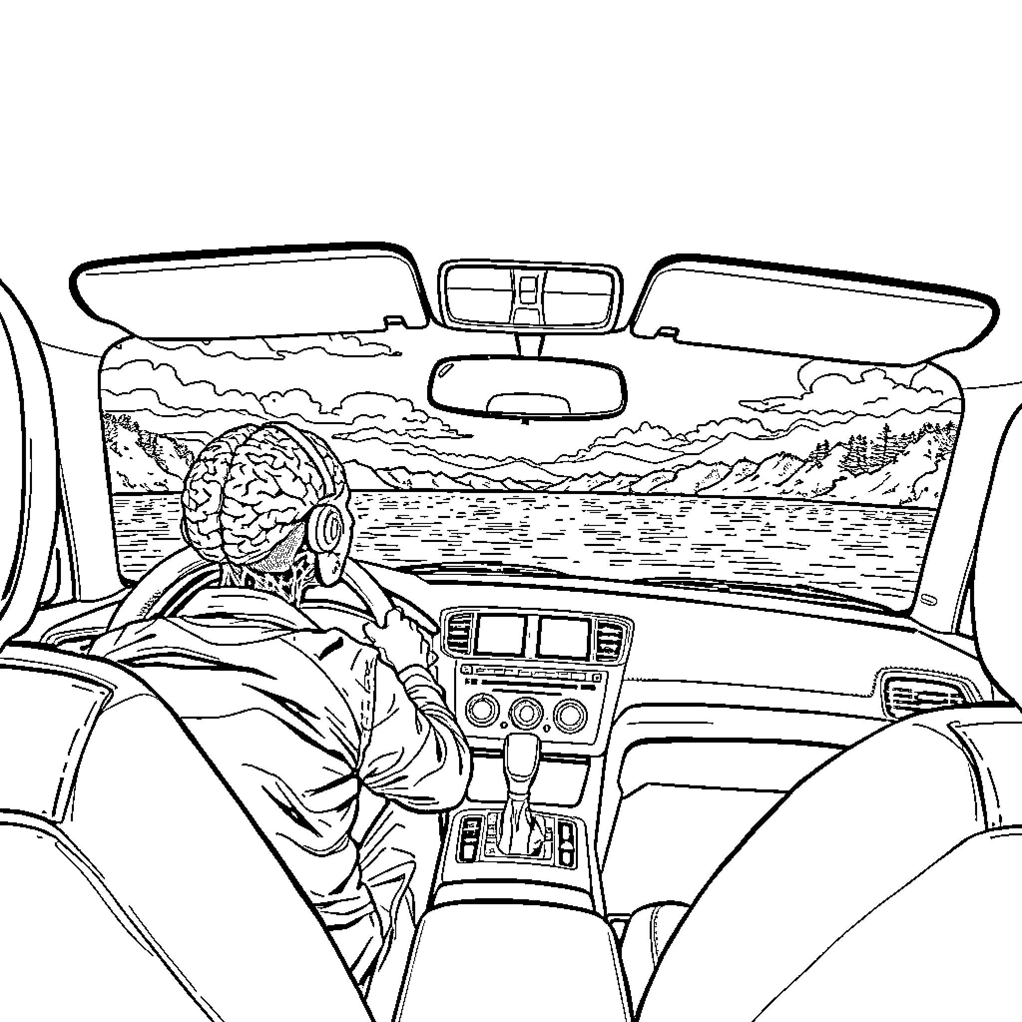Brain Rot: Alien Driving Through Alien Landscape Coloring Page (free black-and-white line drawing printable PDF for all, from beginners to advanced learners, including children, teens, adults, and seniors)