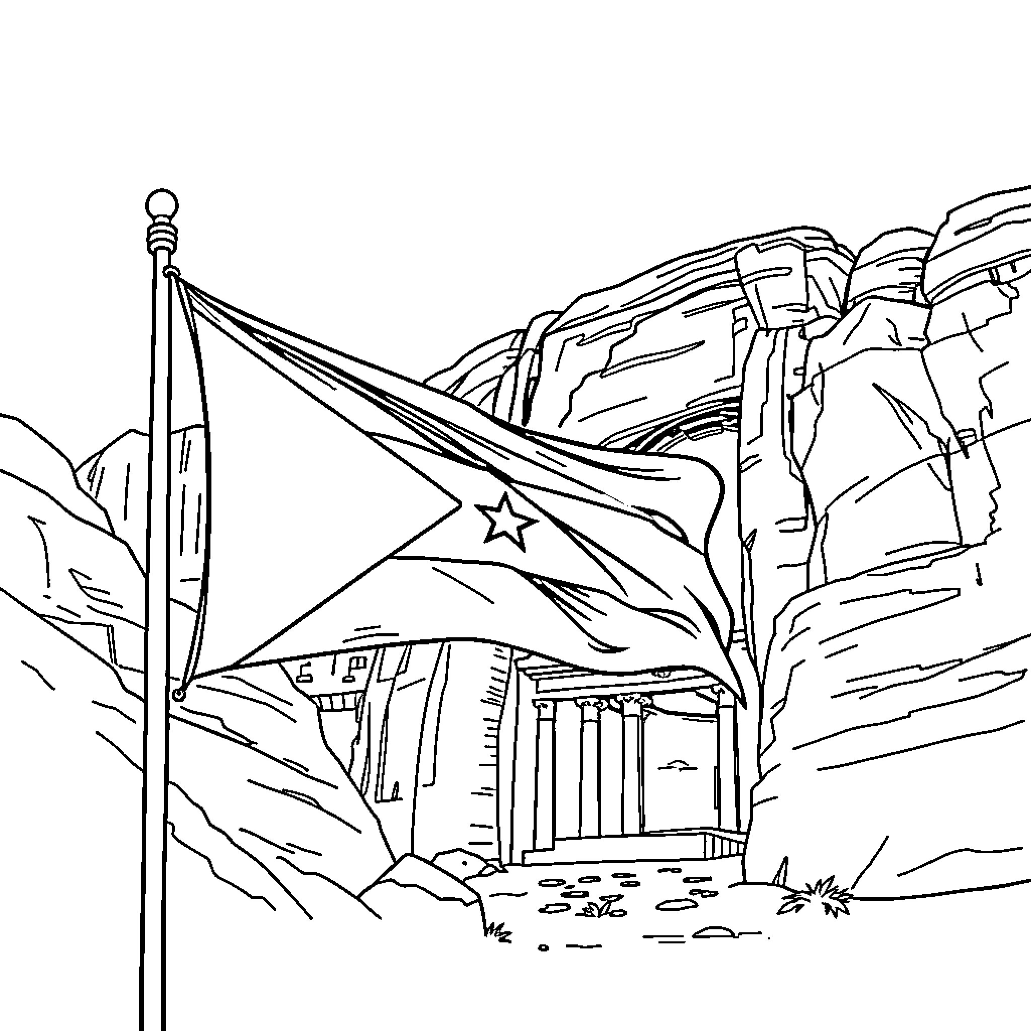 Flag waving proudly in mountainous landscape Coloring Page (free black-and-white line drawing printable PDF for all, from beginners to advanced learners, including children, teens, adults, and seniors)
