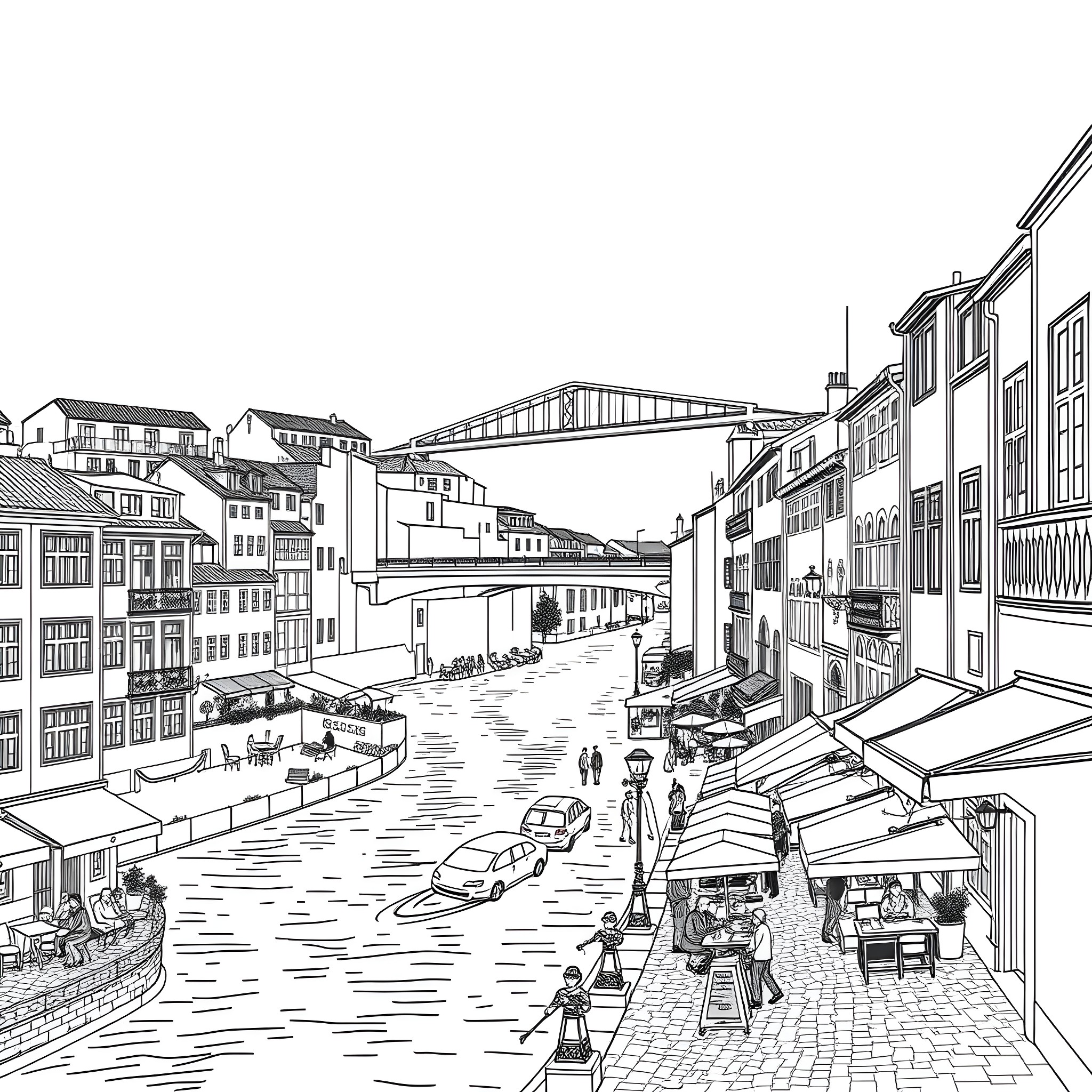 Ribeira district bustling with activity and vibrant scenes Coloring Page (free black-and-white line drawing printable PDF for all, from beginners to advanced learners, including children, teens, adults, and seniors)