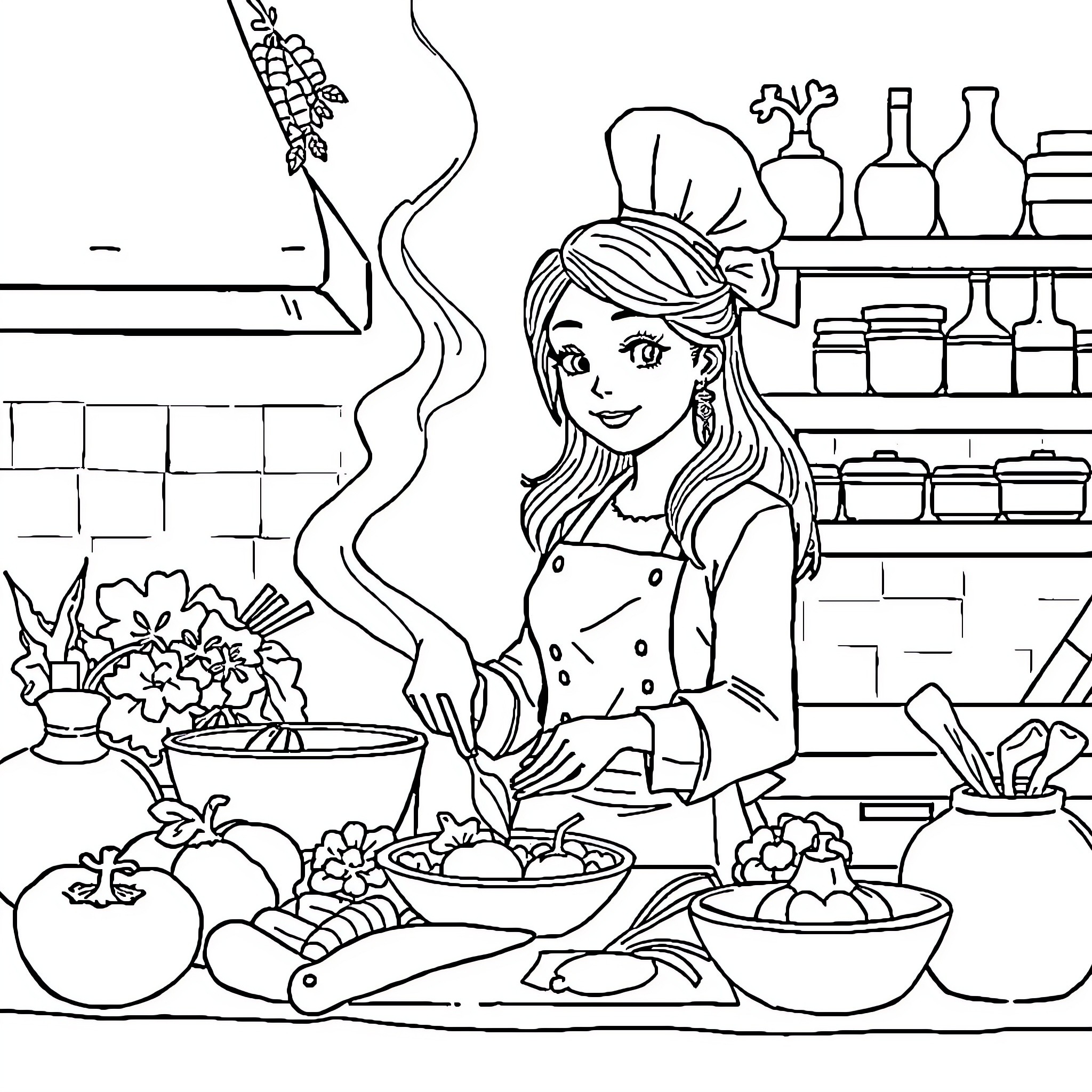 Elza's Culinary Adventure in the Kitchen Coloring Page (free black-and-white line drawing printable PDF for all, from beginners to advanced learners, including children, teens, adults, and seniors)