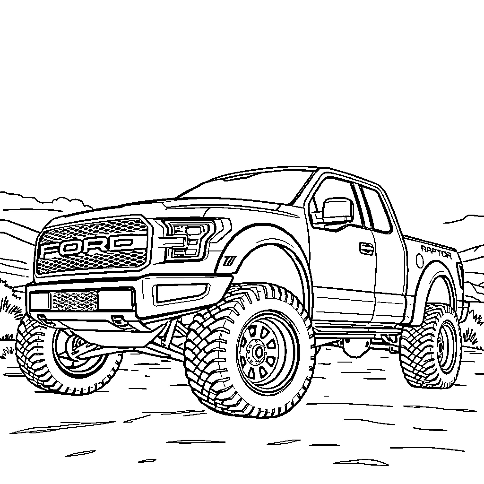 Ford F150 Raptor off-road adventure in rugged terrain Coloring Page (free black-and-white line drawing printable PDF for all, from beginners to advanced learners, including children, teens, adults, and seniors)