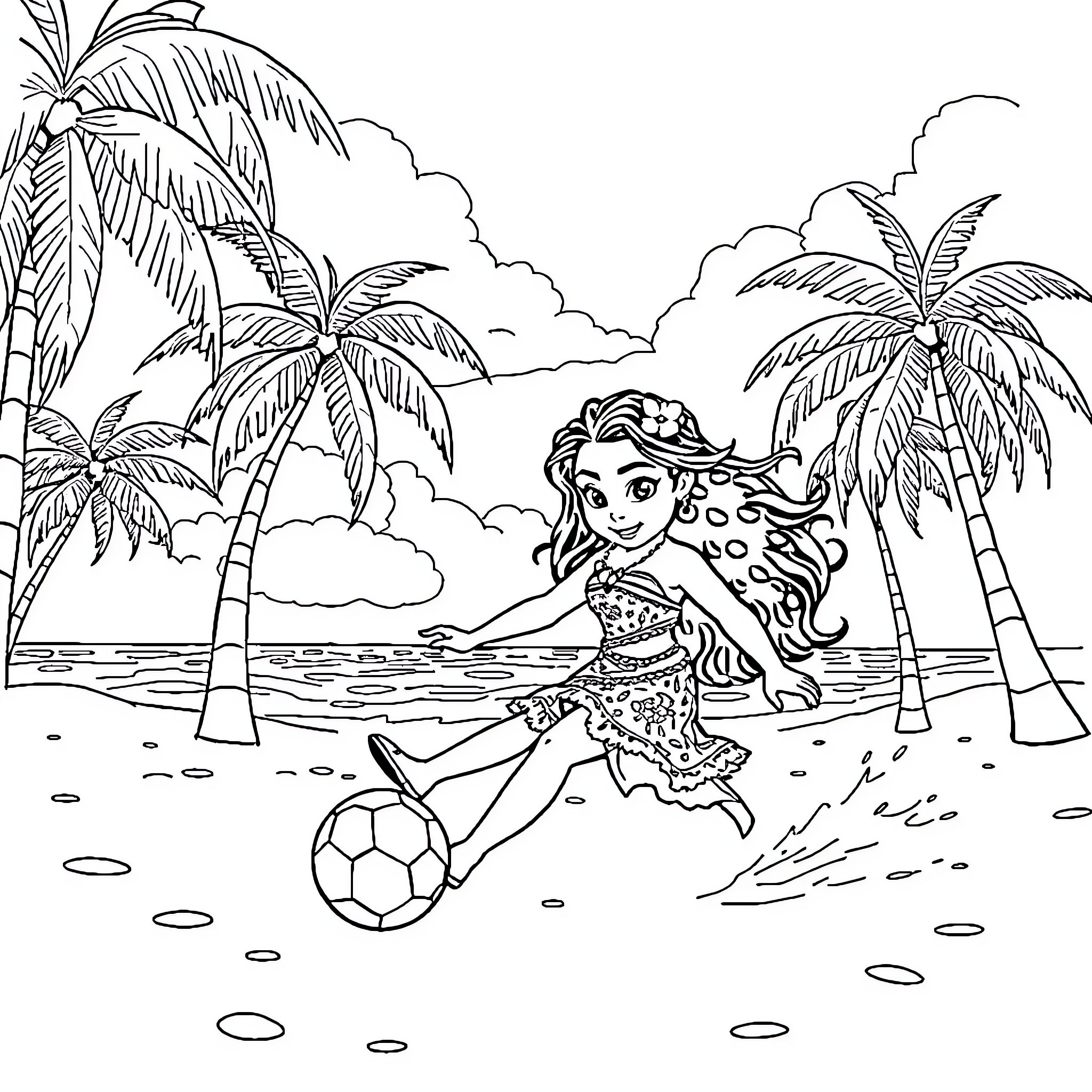 Moana playing soccer on the beach Coloring Page (free black-and-white line drawing printable PDF for all, from beginners to advanced learners, including children, teens, adults, and seniors)