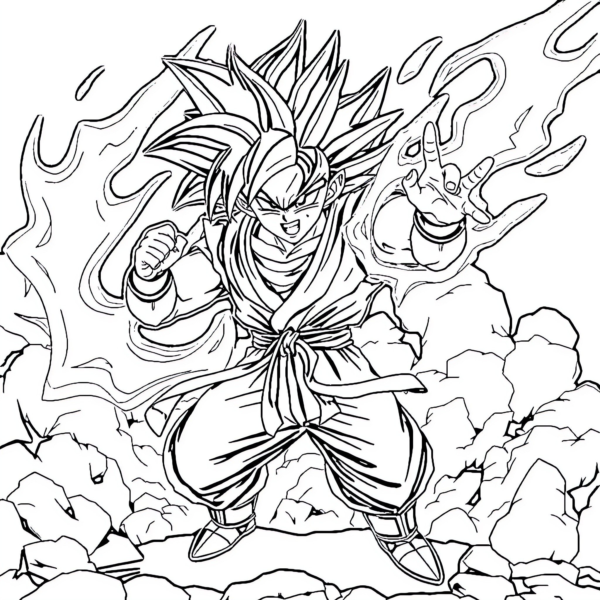 Sangoku's Fierce Fighting Stance and Intense Energy Coloring Page (free black-and-white line drawing printable PDF for all, from beginners to advanced learners, including children, teens, adults, and seniors)