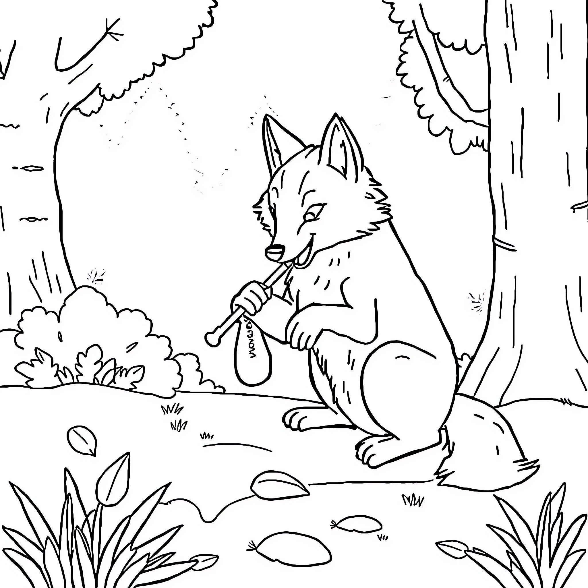 Wolf patiently waiting in the forest Coloring Page (free black-and-white line drawing printable PDF for all, from beginners to advanced learners, including children, teens, adults, and seniors)