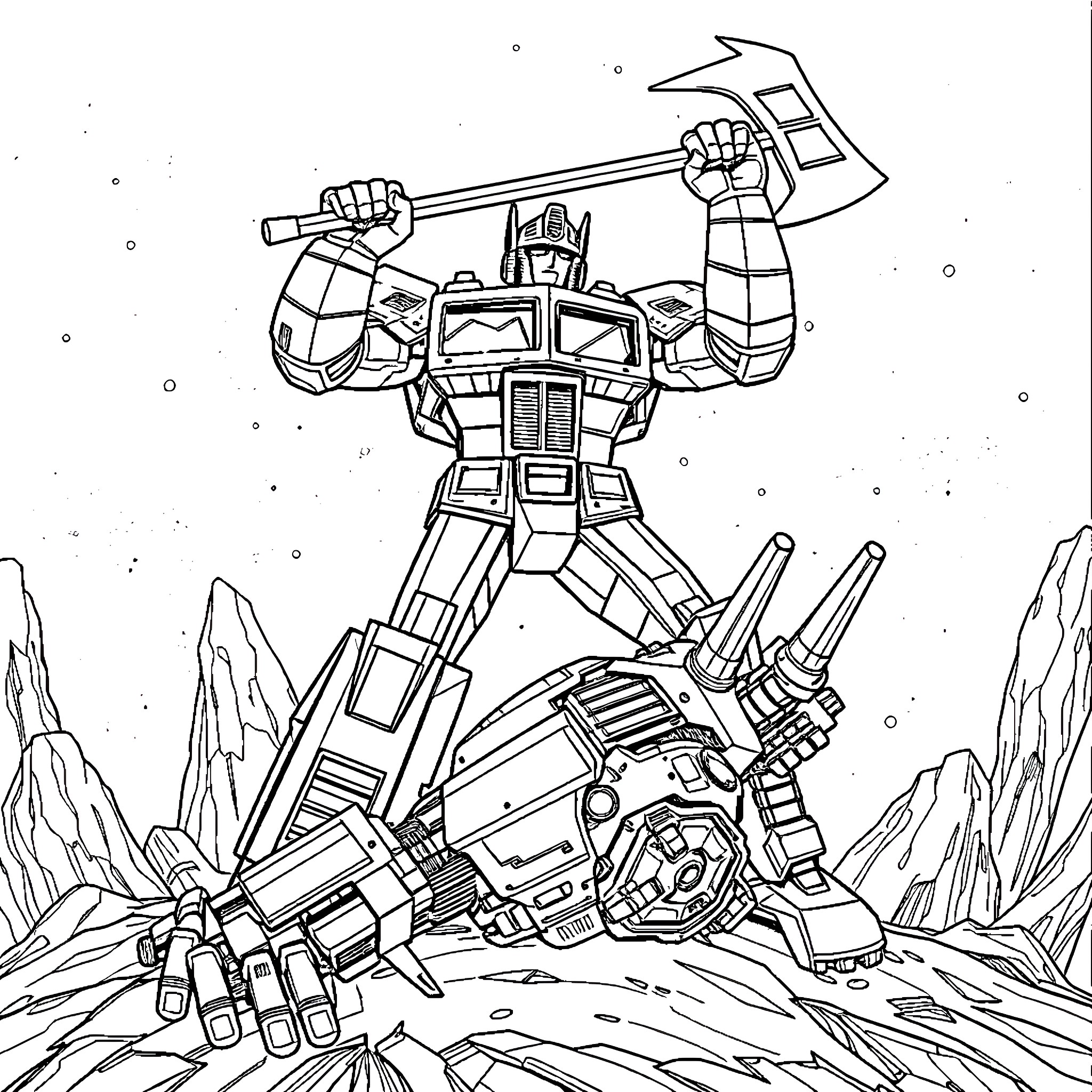 Optimus Prime wielding his signature weapon on a barren landscape Coloring Page (free black-and-white line drawing printable PDF for all, from beginners to advanced learners, including children, teens, adults, and seniors)