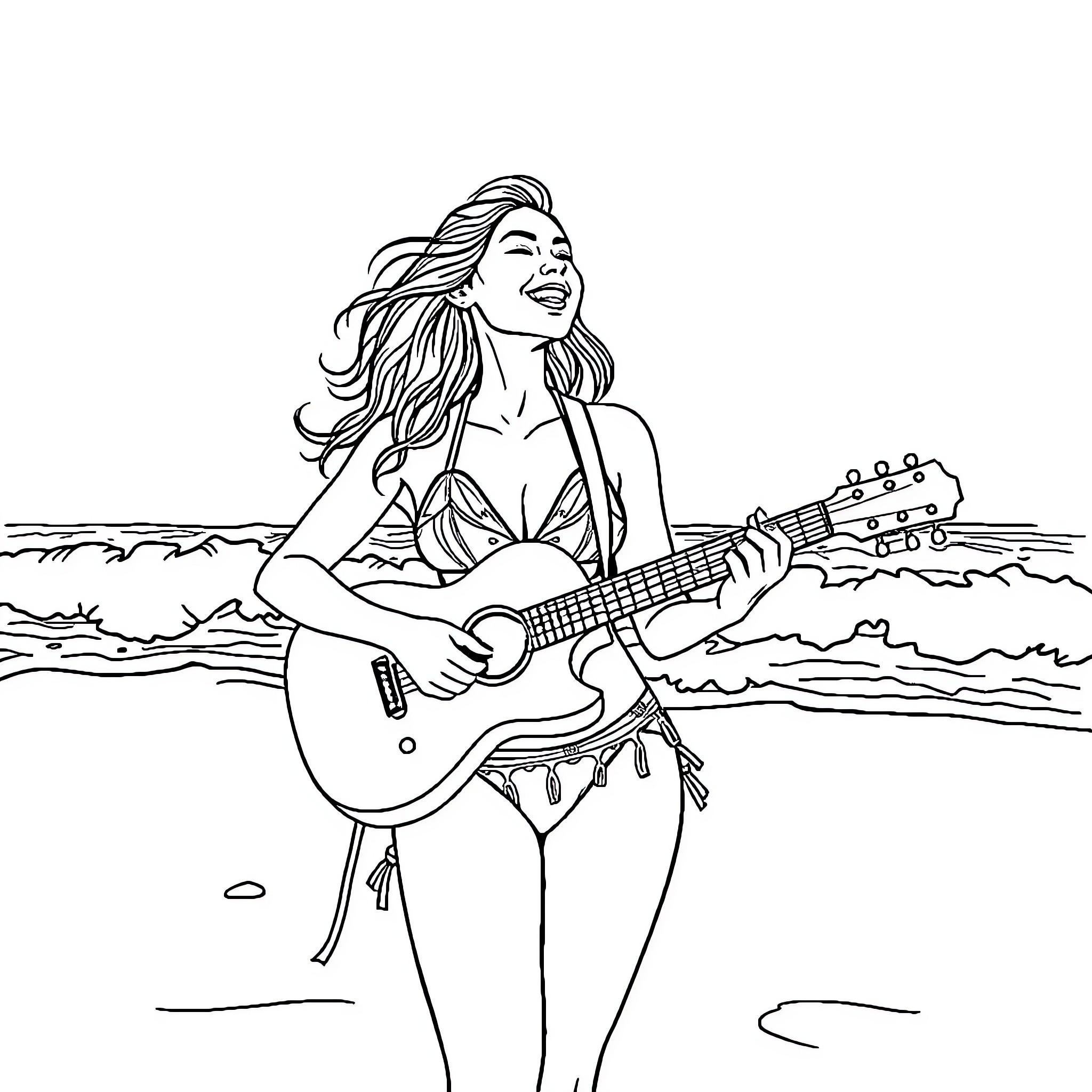 Woman playing guitar at the beach Coloring Page (free black-and-white line drawing printable PDF for all, from beginners to advanced learners, including children, teens, adults, and seniors)