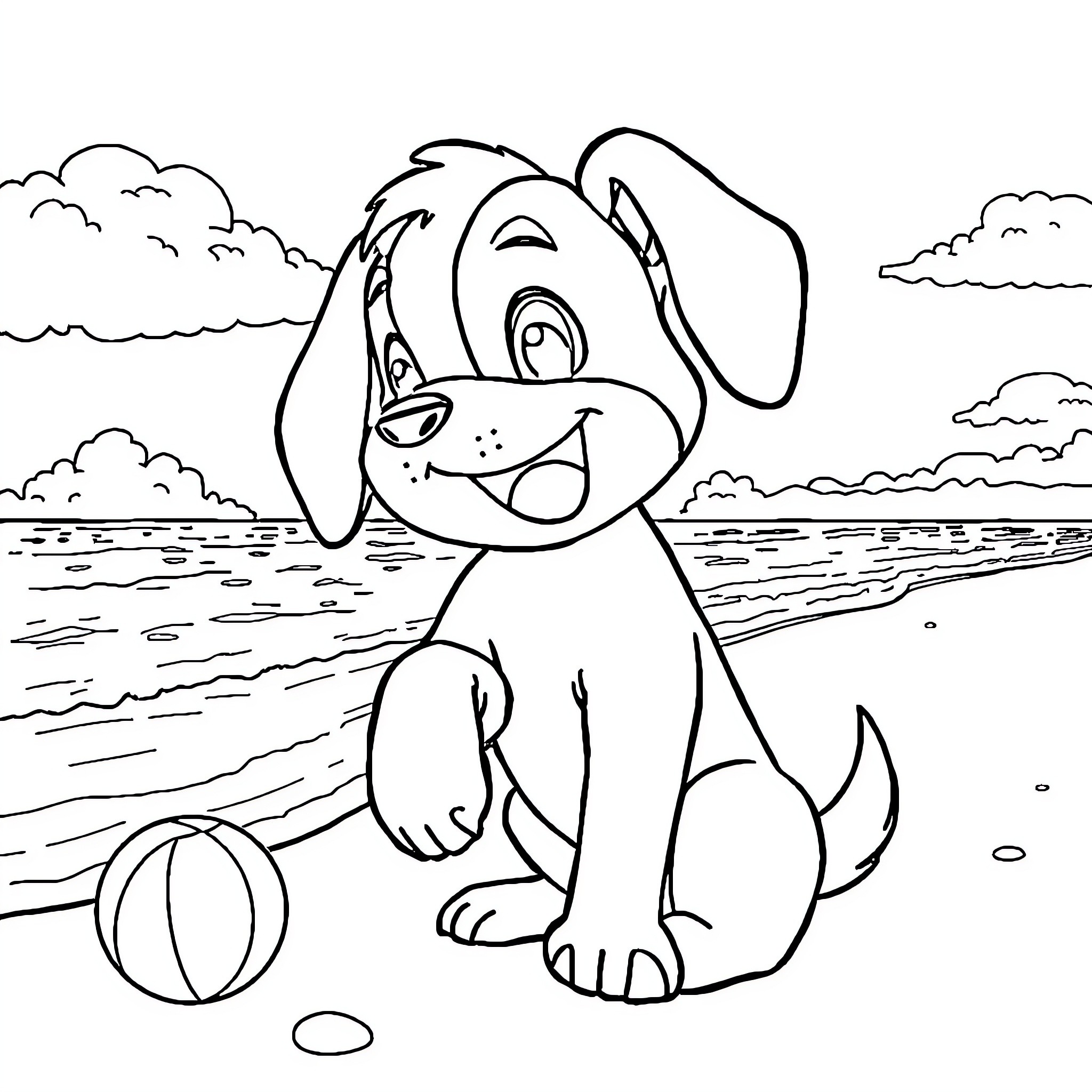 Skye's Playful Puppy by the Beach Coloring Page (free black-and-white line drawing printable PDF for all, from beginners to advanced learners, including children, teens, adults, and seniors)