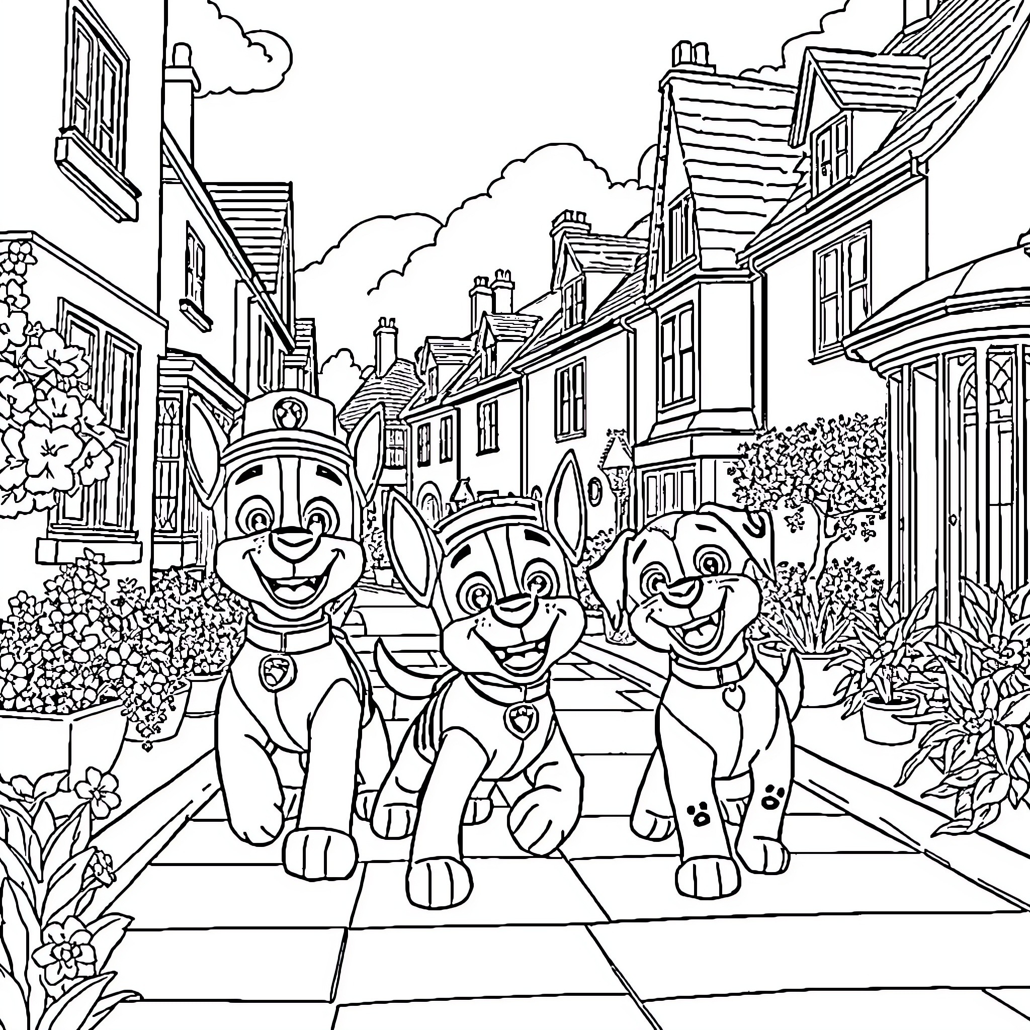 Paw Patrol Puppies on Picturesque Street Coloring Page (free black-and-white line drawing printable PDF for all, from beginners to advanced learners, including children, teens, adults, and seniors)