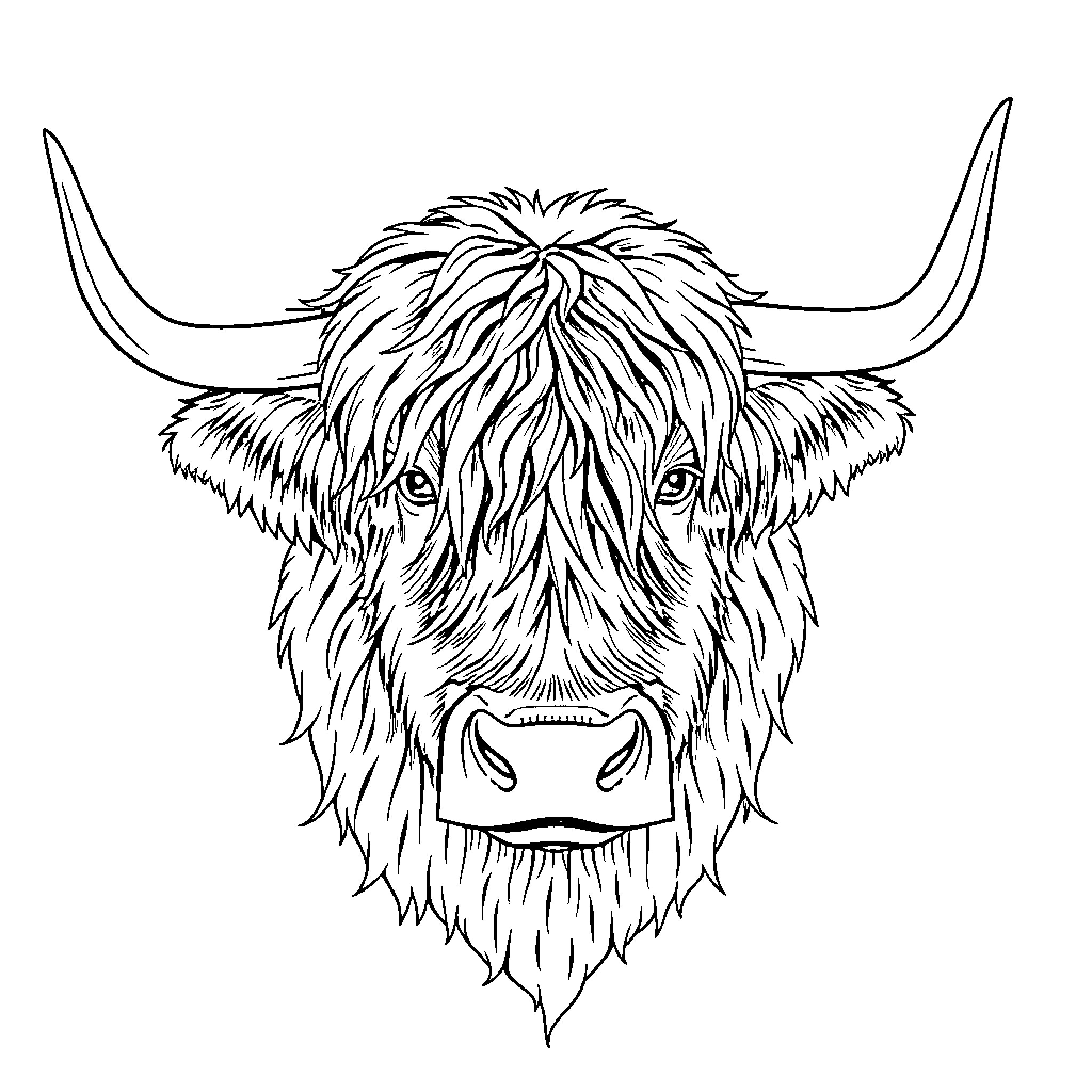 Highland Cow with Shaggy Coat and Horns Coloring Page (free black-and-white line drawing printable PDF for all, from beginners to advanced learners, including children, teens, adults, and seniors)