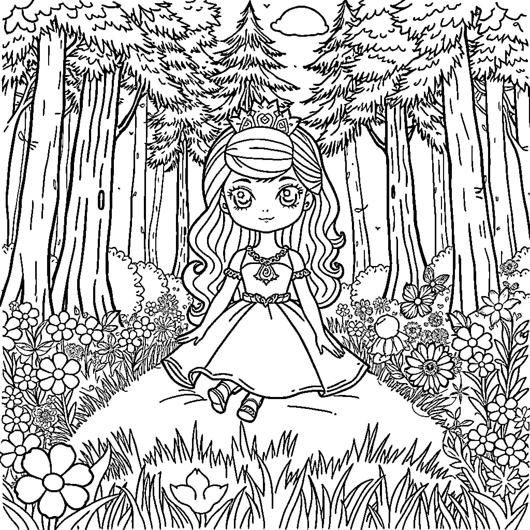 Doll in a Whimsical Forest Wonderland Coloring Page (free black-and-white line drawing printable PDF for all, from beginners to advanced learners, including children, teens, adults, and seniors)