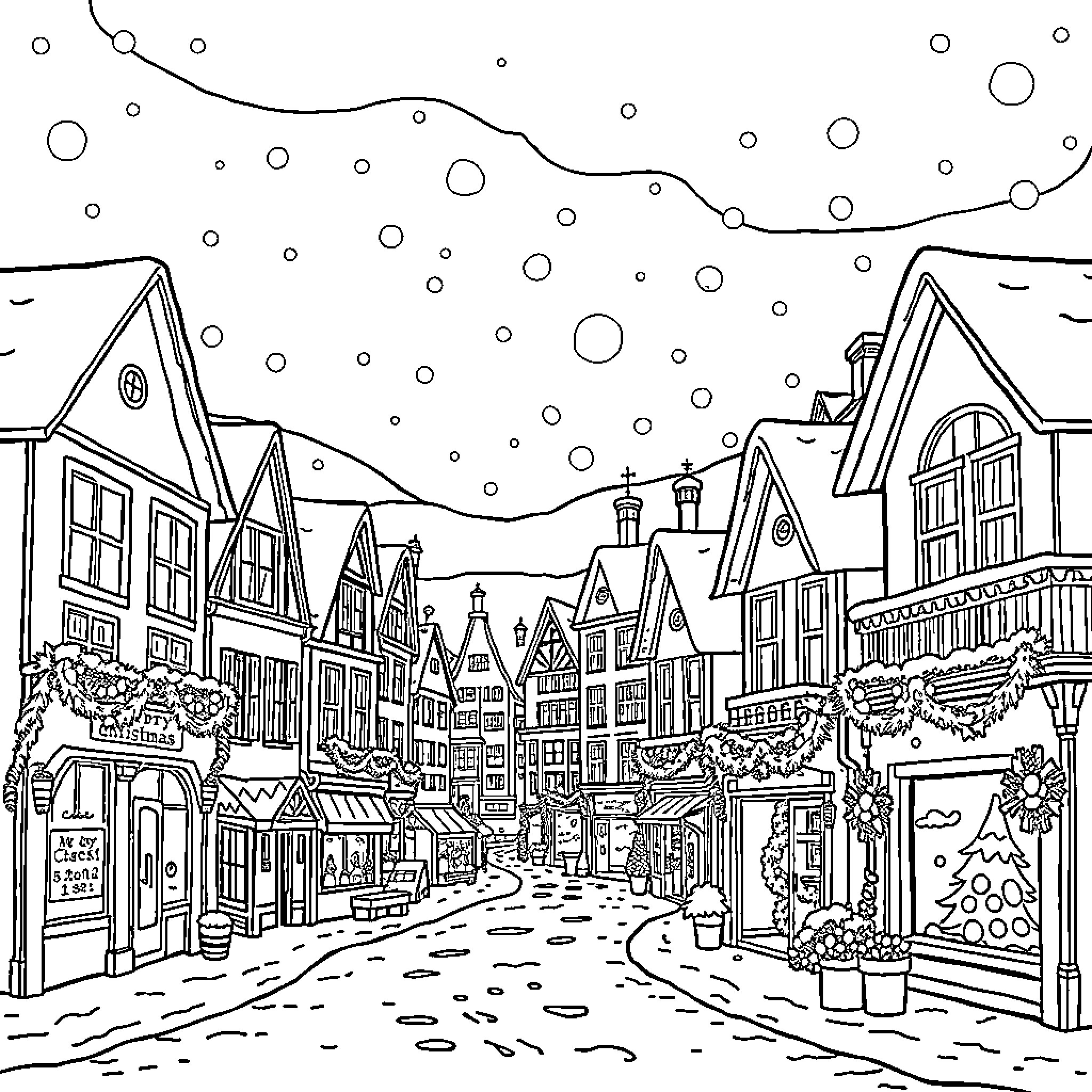Town scene with shops and snowfall Coloring Page (free black-and-white line drawing printable PDF for all, from beginners to advanced learners, including children, teens, adults, and seniors)