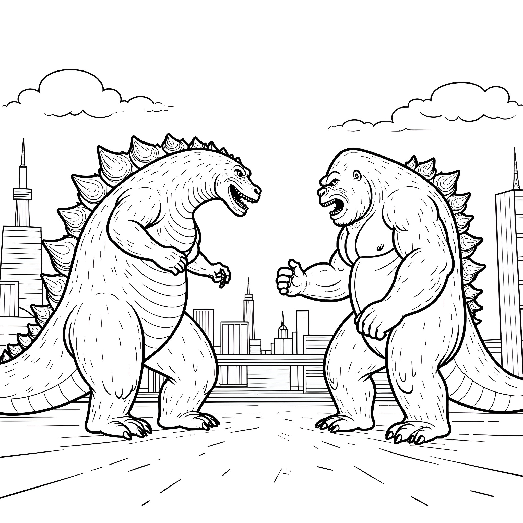 Godzilla and King Kong battling in the city Coloring Page (free black-and-white line drawing printable PDF for all, from beginners to advanced learners, including children, teens, adults, and seniors)