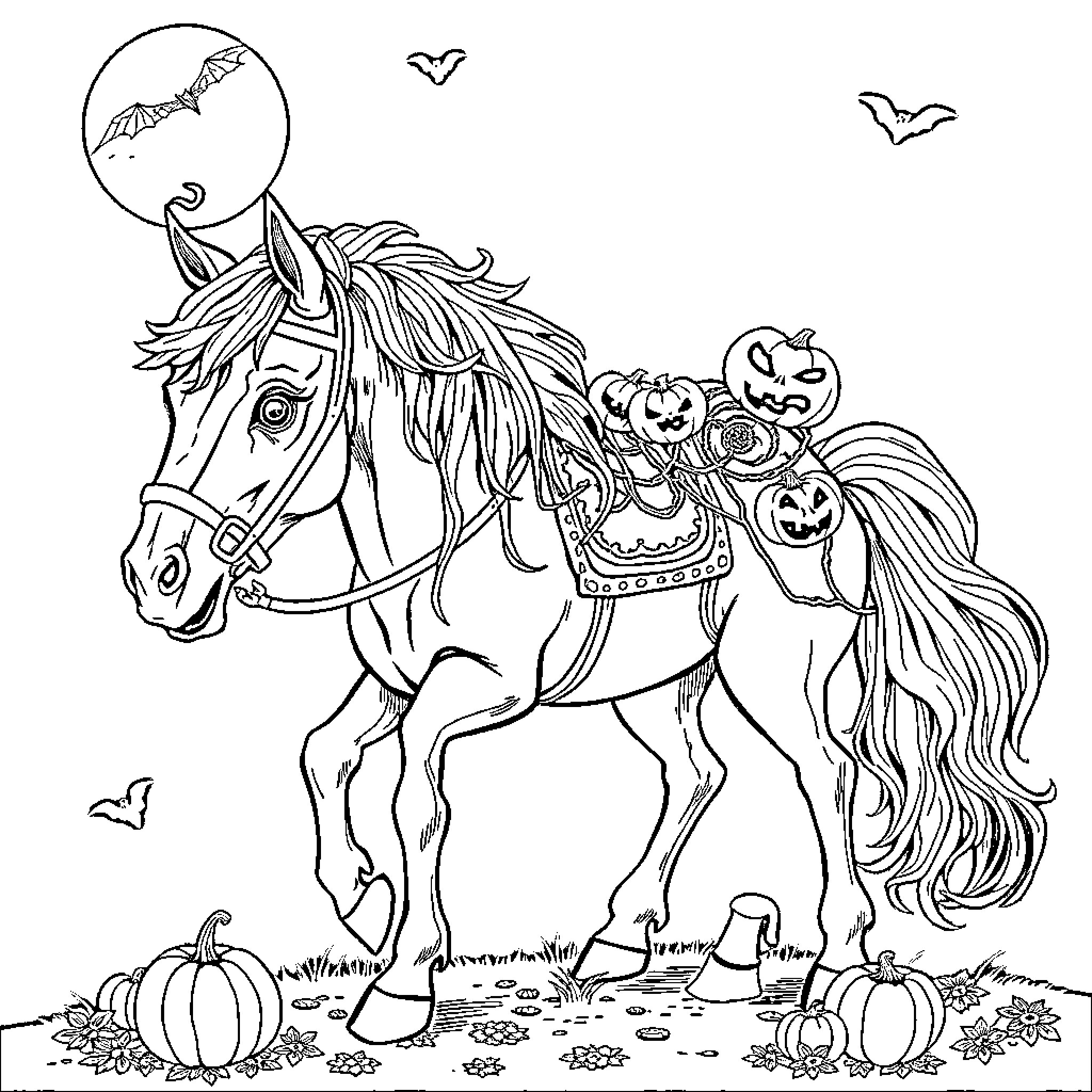 Horse decorated for Halloween night Coloring Page (free black-and-white line drawing printable PDF for all, from beginners to advanced learners, including children, teens, adults, and seniors)