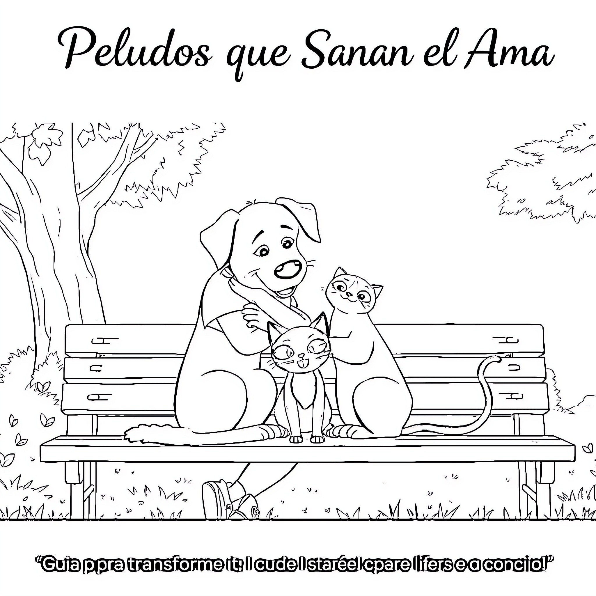 Pet animals relaxing on a park bench Coloring Page (free black-and-white line drawing printable PDF for all, from beginners to advanced learners, including children, teens, adults, and seniors)