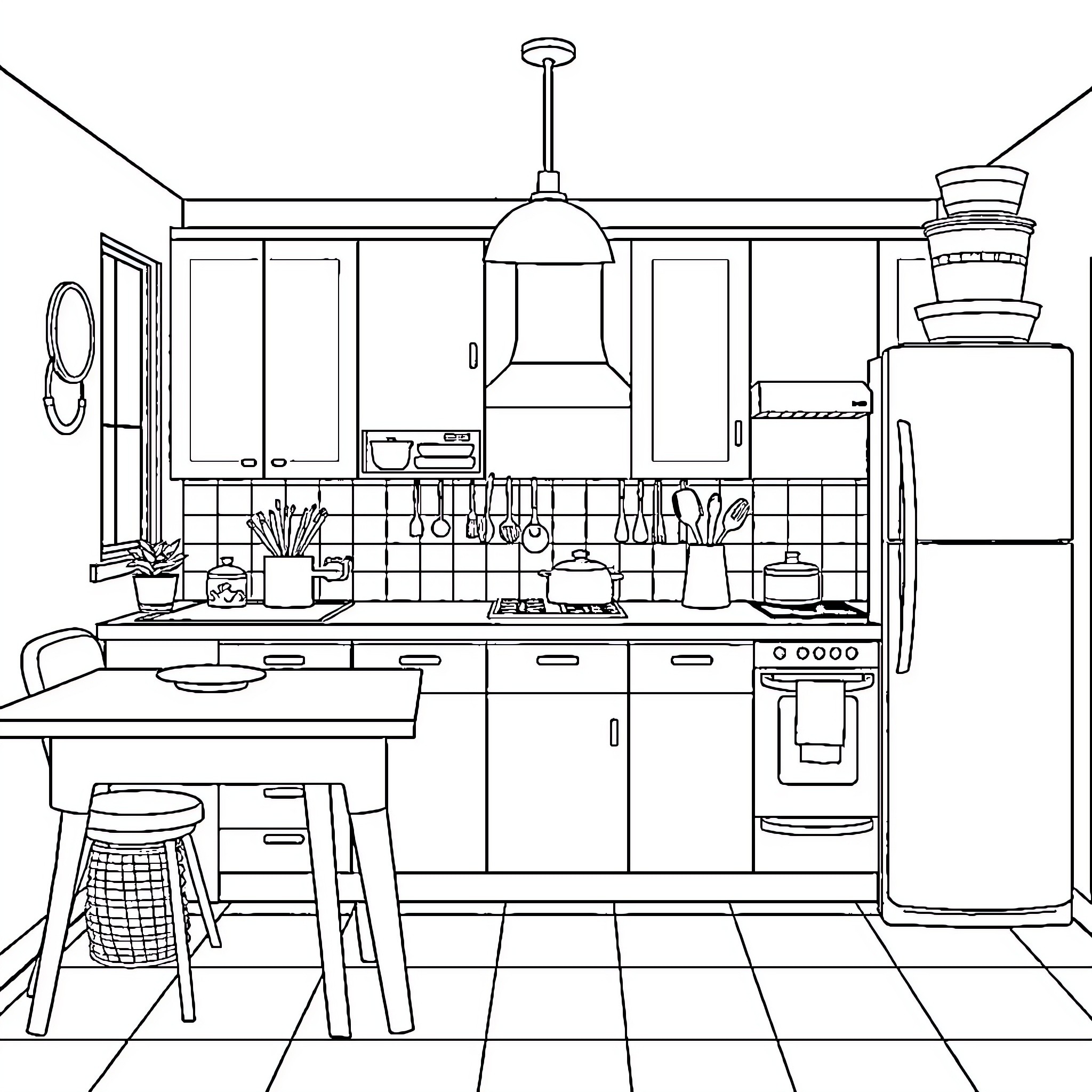 Kitchen with Cooking Utensils and Appliances Coloring Page (free black-and-white line drawing printable PDF for all, from beginners to advanced learners, including children, teens, adults, and seniors)