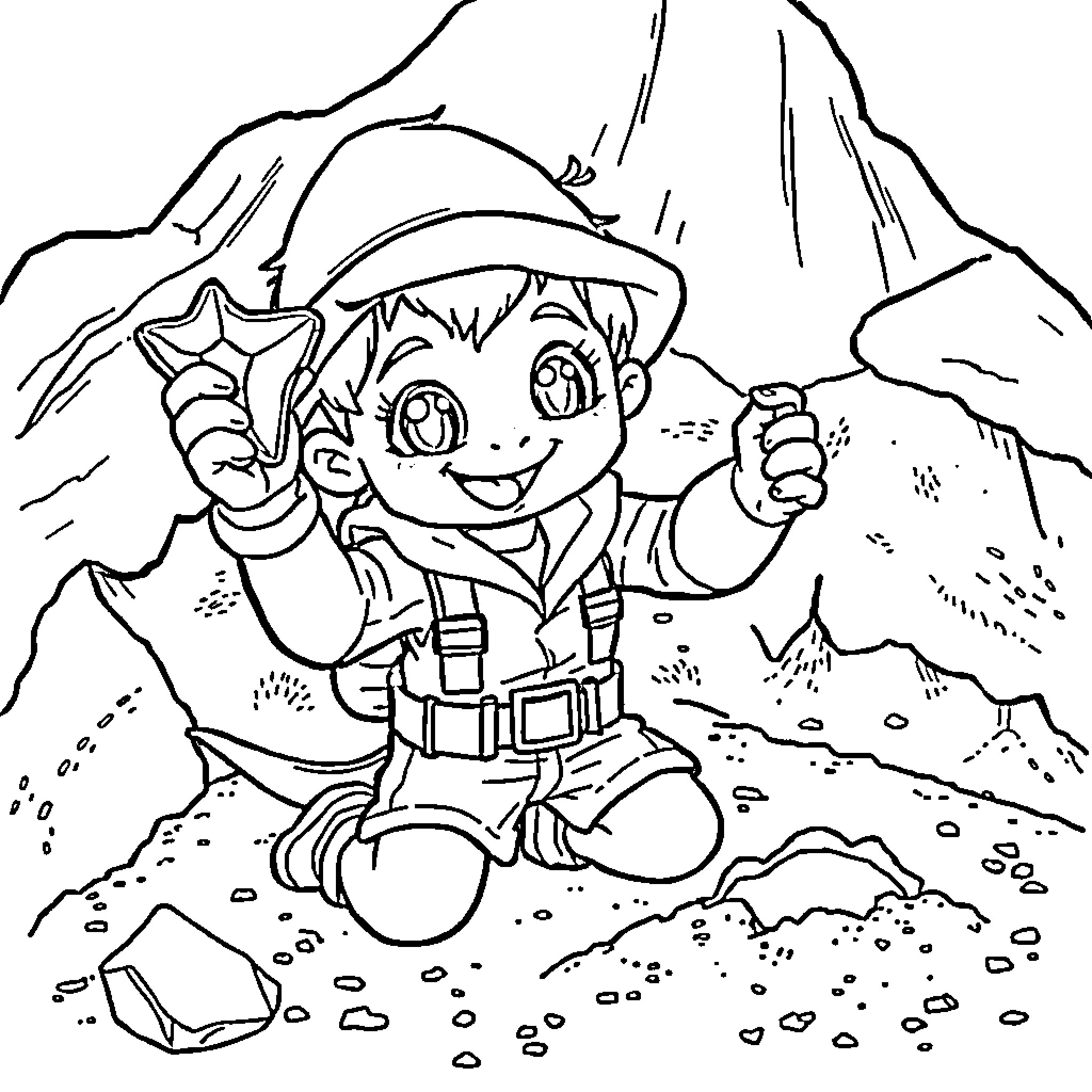 Child explorer trekking in the mountains Coloring Page (free black-and-white line drawing printable PDF for all, from beginners to advanced learners, including children, teens, adults, and seniors)