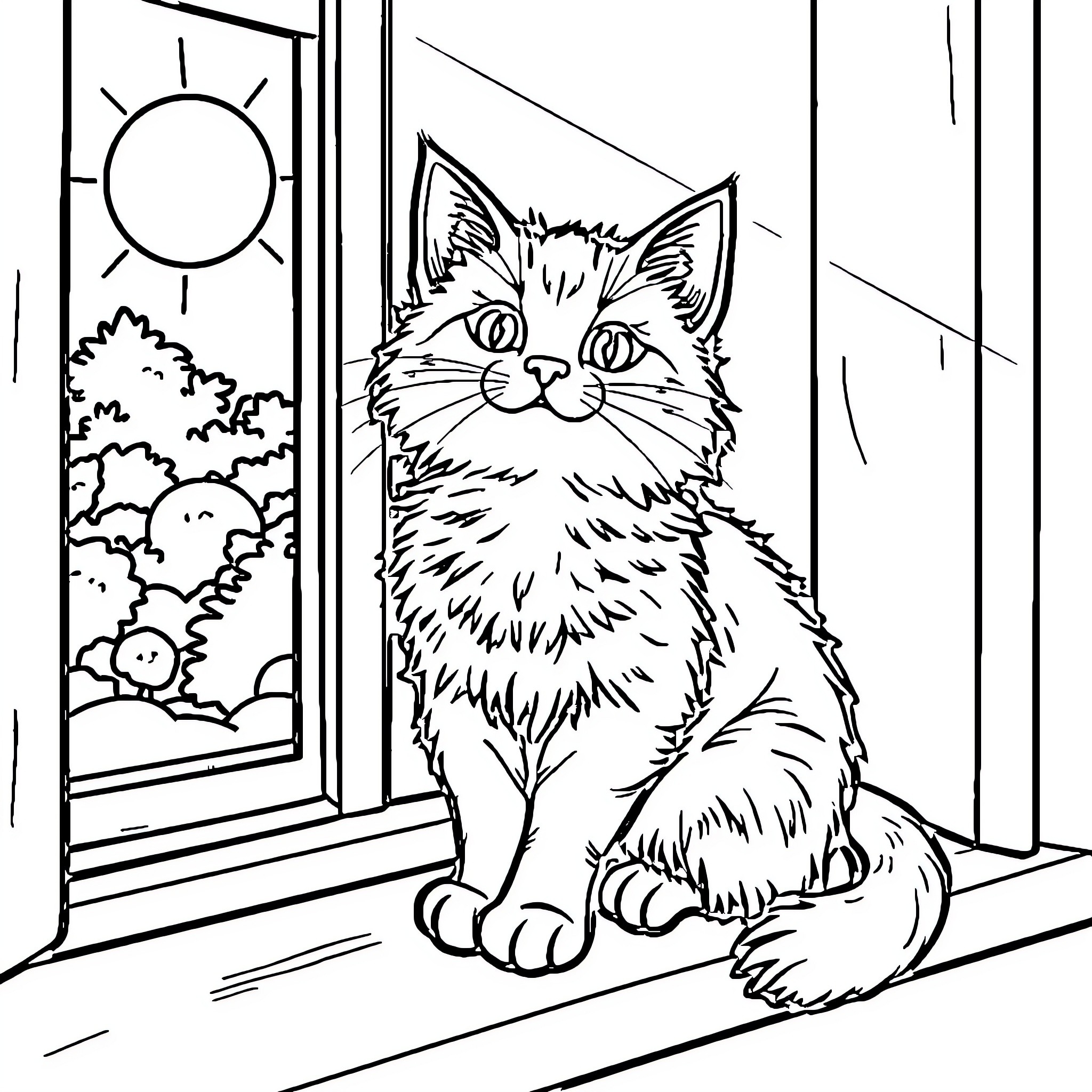 Cat relaxing by the window Coloring Page (free black-and-white line drawing printable PDF for all, from beginners to advanced learners, including children, teens, adults, and seniors)