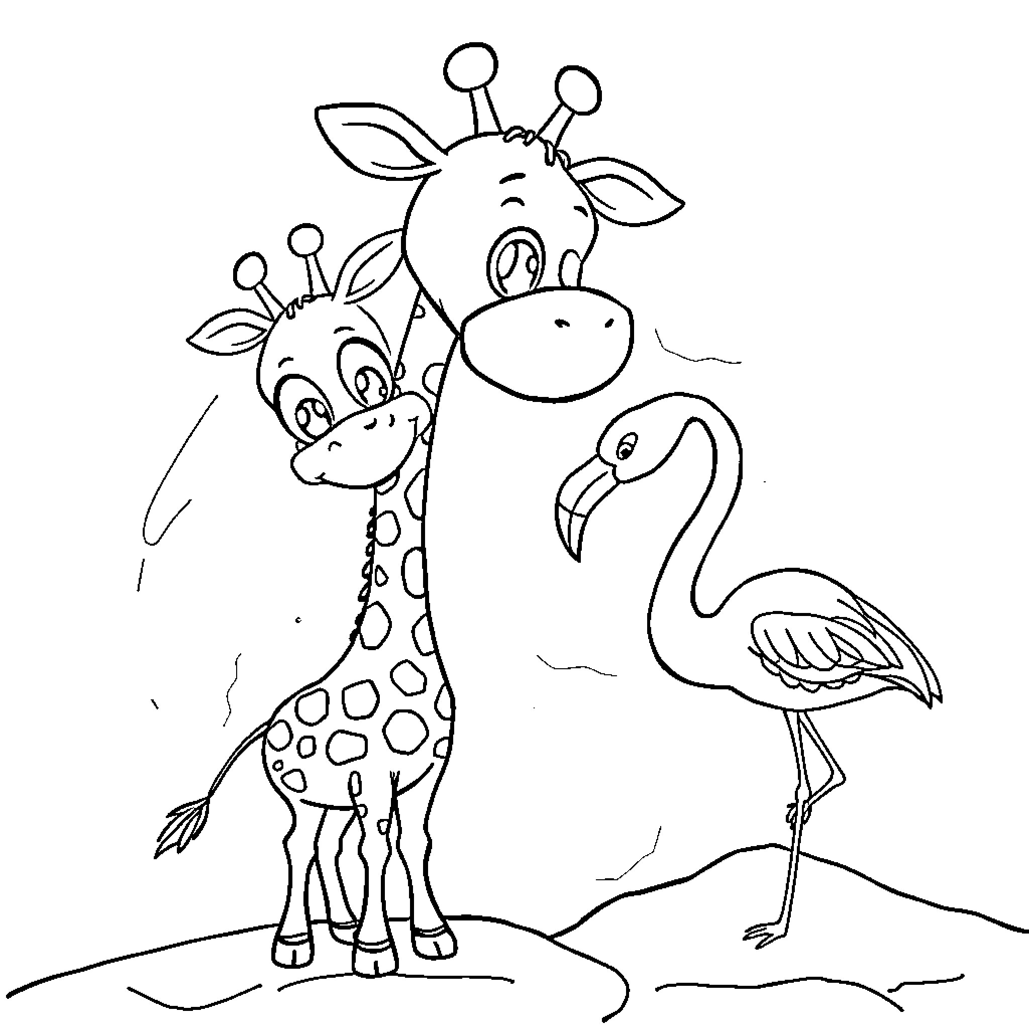 Giraffe friends and flamingo in nature Coloring Page (free black-and-white line drawing printable PDF for all, from beginners to advanced learners, including children, teens, adults, and seniors)