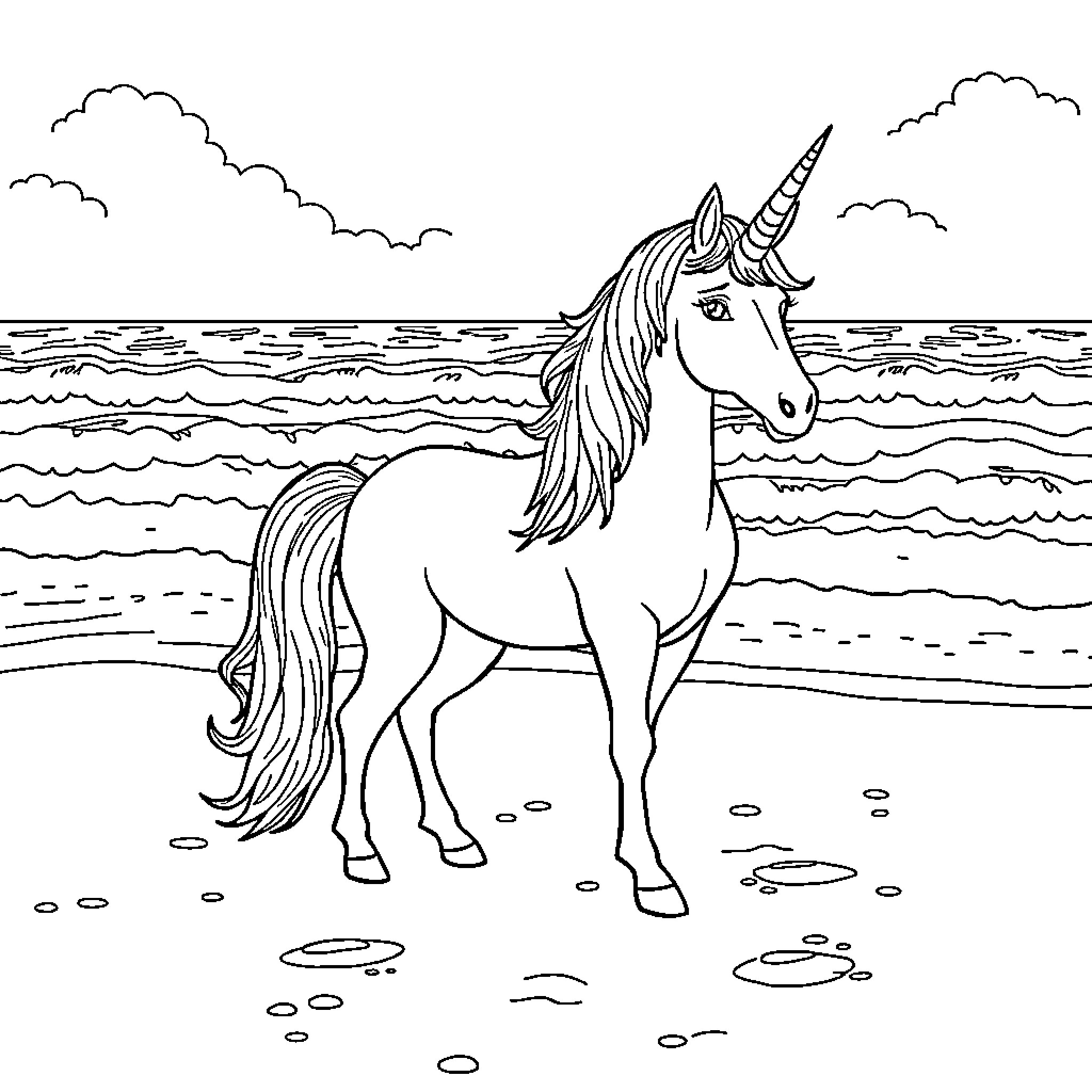 Unicorn standing majestically by the seashore Coloring Page (free black-and-white line drawing printable PDF for all, from beginners to advanced learners, including children, teens, adults, and seniors)