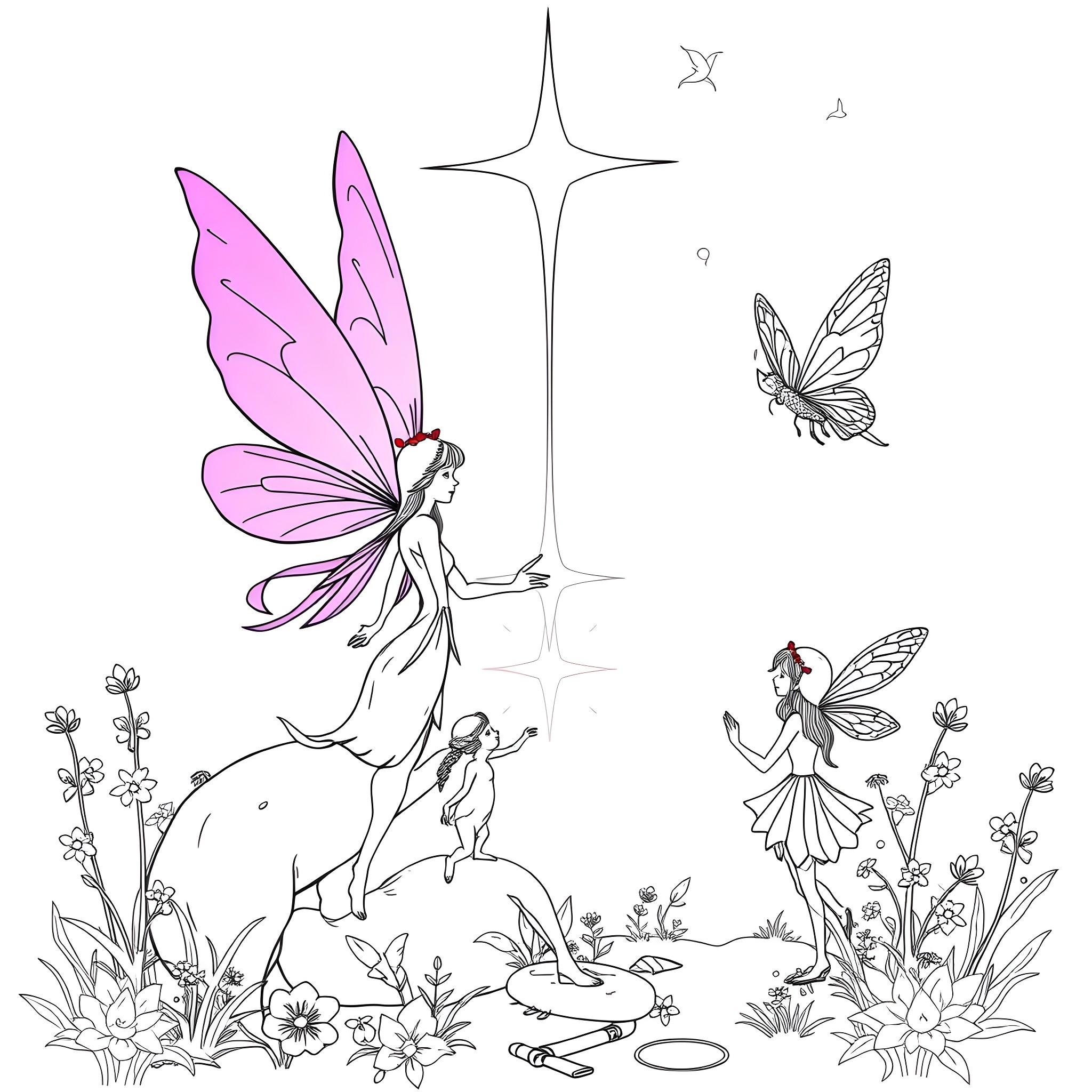Fairy creatures dancing in enchanted woodland Coloring Page (free black-and-white line drawing printable PDF for all, from beginners to advanced learners, including children, teens, adults, and seniors)